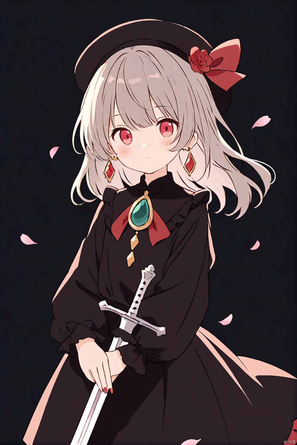  1girl, loli, solo, long hair, looking at viewer, bangs, simple background, red eyes, long sleeves, hat, dress, ribbon, holding, jewelry, closed mouth, weapon, flower, grey hair, earrings, puffy sleeves, sword, nail polish, holding weapon, black dress, petals, black headwear, holding sword, black background, gem, red nails,