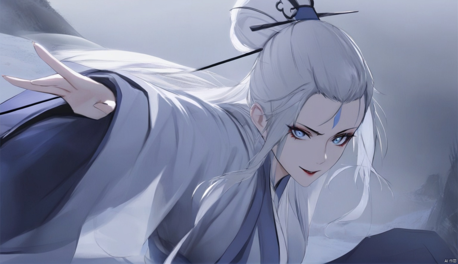  solo,highly detailed,(best quality),((masterpiece)),1girl,white hair,blue eyes,long hair,peiyuhan,hanfu,see-through,ggbh,looking_at_viewer,evil,evil smile,from below,snow,cryokinesis,upper body, zhangshiyao,bangs pinned back,hair bun,updo,