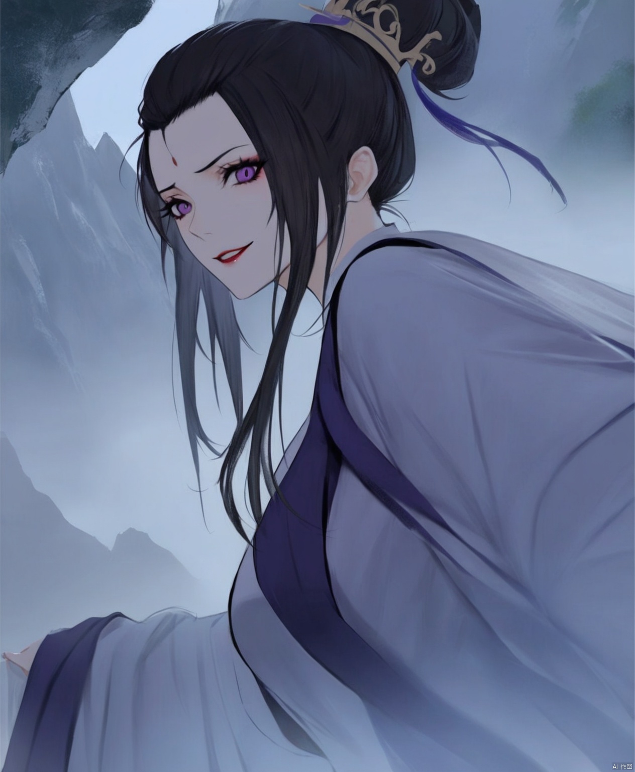  solo,highly detailed,(best quality),((masterpiece)),1girl,black hair,purple eyes,long hair,peiyuhan,hanfu,see-through,ggbh,looking_at_viewer,evil smile,from below,upper body, zhangshiyao,bangs pinned back,hair bun,updo,mountain,water spring,