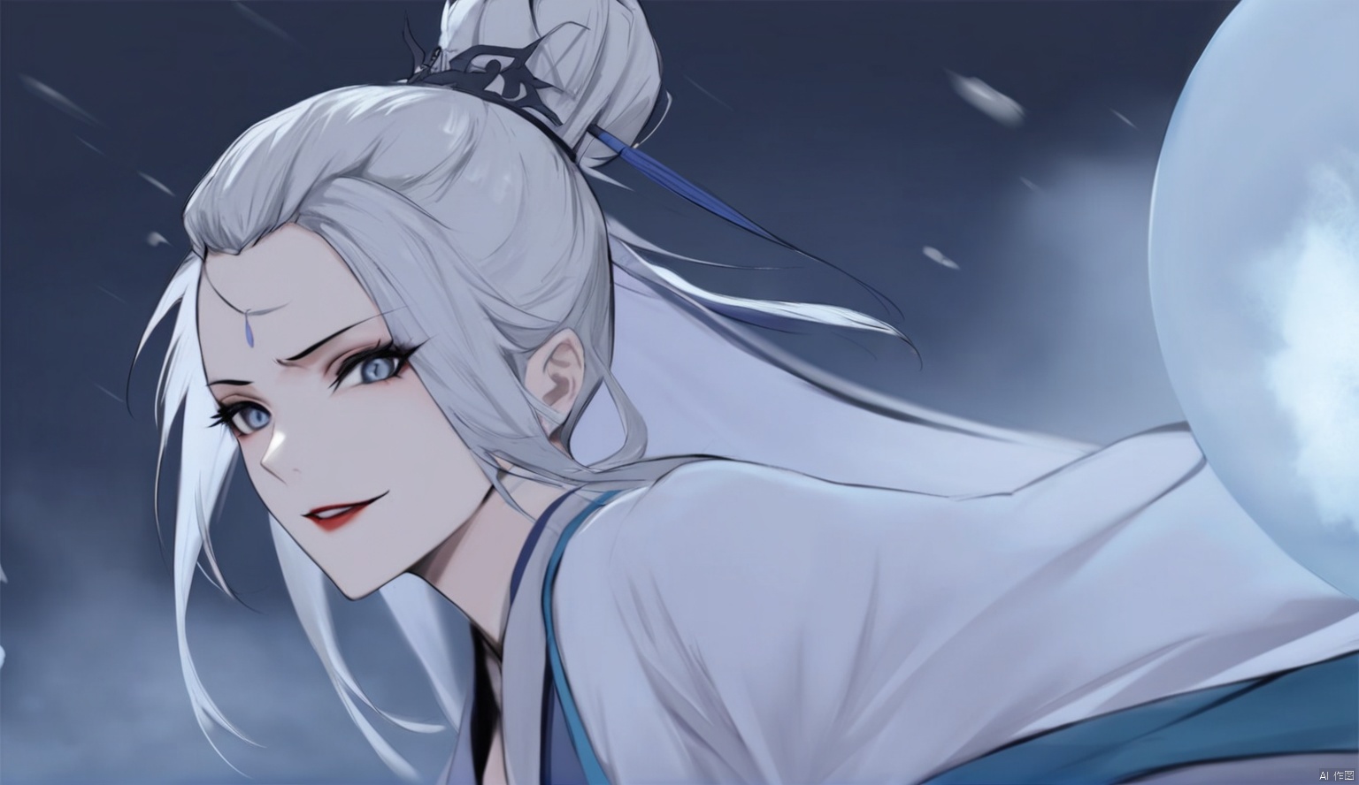  solo,highly detailed,(best quality),((masterpiece)),1girl,white hair,blue eyes,long hair,peiyuhan,hanfu,see-through,ggbh,looking_at_viewer,evil,evil smile,from below,snow,cryokinesis,upper body, zhangshiyao,bangs pinned back,hair bun,updo,