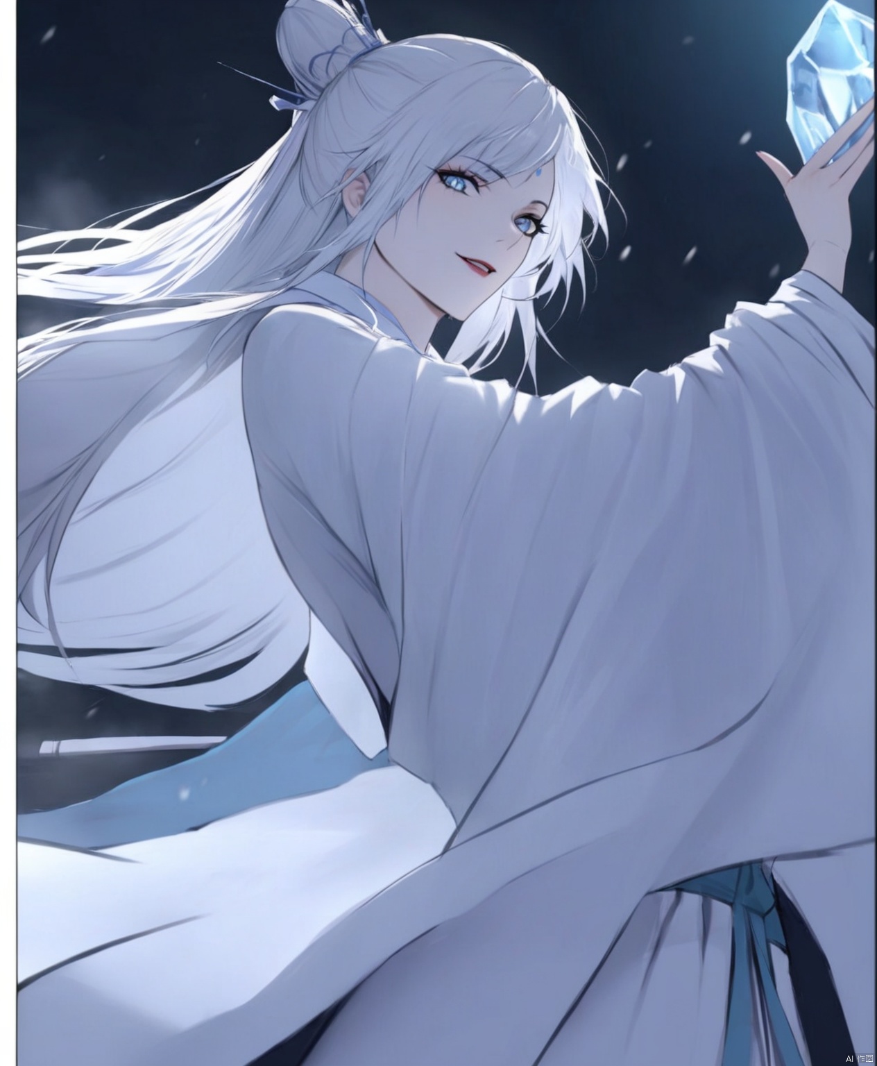  solo,highly detailed,(best quality),((masterpiece)),1girl,white hair,blue eyes,long hair,peiyuhan,hanfu,see-through,ggbh,looking_at_viewer,evil,evil smile,from below,ice,snow,cryokinesis,upper body, zhangshiyao