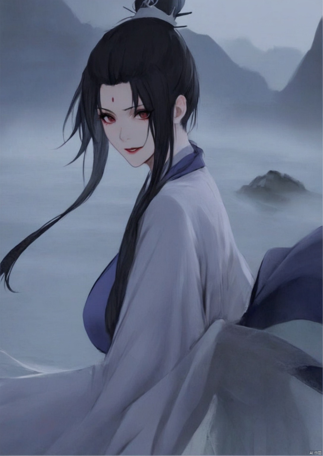  solo,highly detailed,(best quality),((masterpiece)),1girl,black hair,long hair,peiyuhan,hanfu,see-through,looking_at_viewer,evil smile,from below,upper body, zhangshiyao,hair bun,updo,mountain,water spring,white hair,red_eyes,lazy eye,