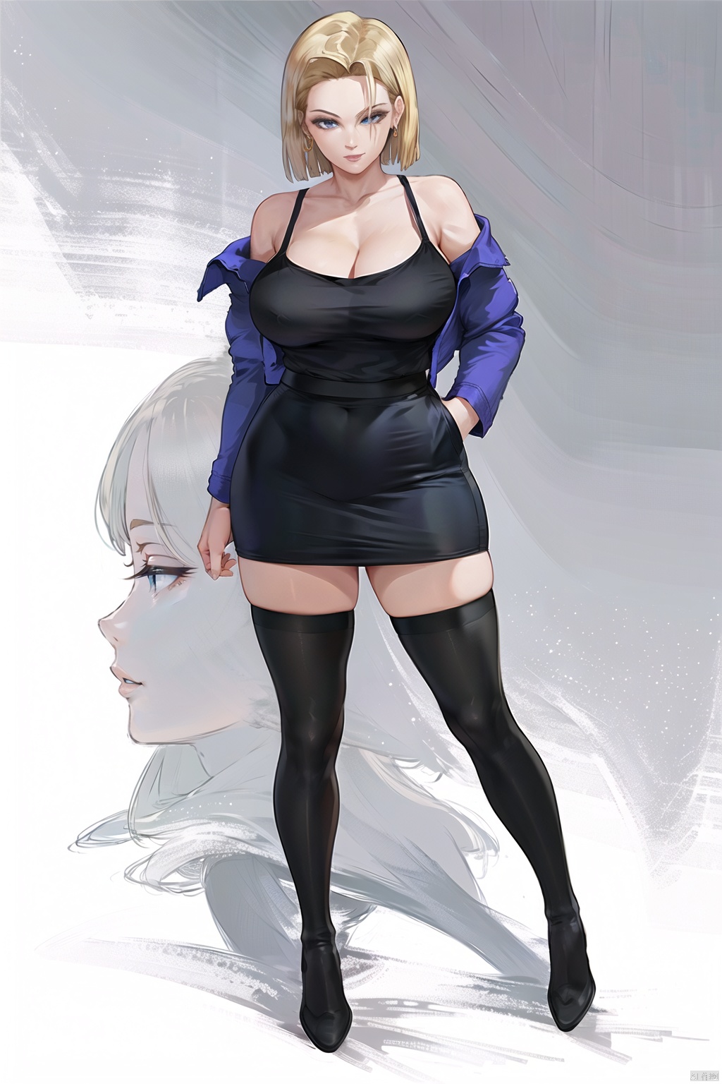 (White background :1.3),
1 girl, solo, chest, 30 years old, pretty, beautiful, smiling, camera focused on face, delicate face, looking at the audience, skin shiny,
(Short hair, big bust, short blonde hair, blue eyes, jewelry, earrings,
Full body, black shirt, **** Top, hip skirt, black stockings, fine clothes, Jacket, cleavage, Off-the-shoulder, android 18:1.3)
High resolution, Master Painting, CG, Wallpaper, Super Detail, Intricate Detail, Masterpiece, 8k, Contrast, Smooth, bright picture, Soft picture, Rembrandt Lighting, Amazing, Manga style, Manga, Anime, Game CG,18hao