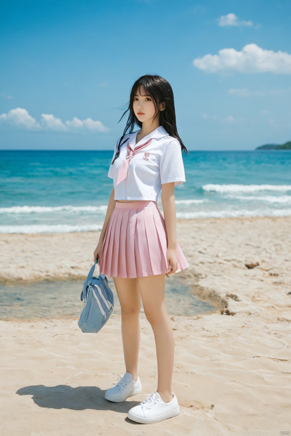  2girls,arms_at_sides,beach,black_hair,day,full_body,horizon,lips,long_hair,looking_at_viewer,multiple_girls,ocean,outdoors,pleated_skirt,pool,realistic,school_uniform,serafuku,shoes,shore,short_sleeves,skirt,sneakers,standing,water,white_footwear, jk-uniform, Water_butterfly, X-Rose, desert_sky,pink uniform,big_breasts