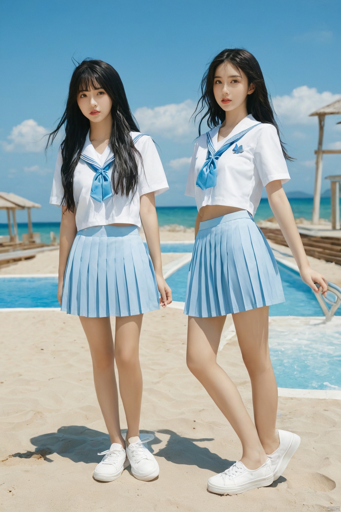 2girls,arms_at_sides,beach,black_hair,day,full_body,horizon,lips,long_hair,looking_at_viewer,multiple_girls,ocean,outdoors,pleated_skirt,pool,realistic,school_uniform,serafuku,shoes,shore,short_sleeves,skirt,sneakers,standing,water,white_footwear, jk-uniform, Water_butterfly, X-Rose, desert_sky