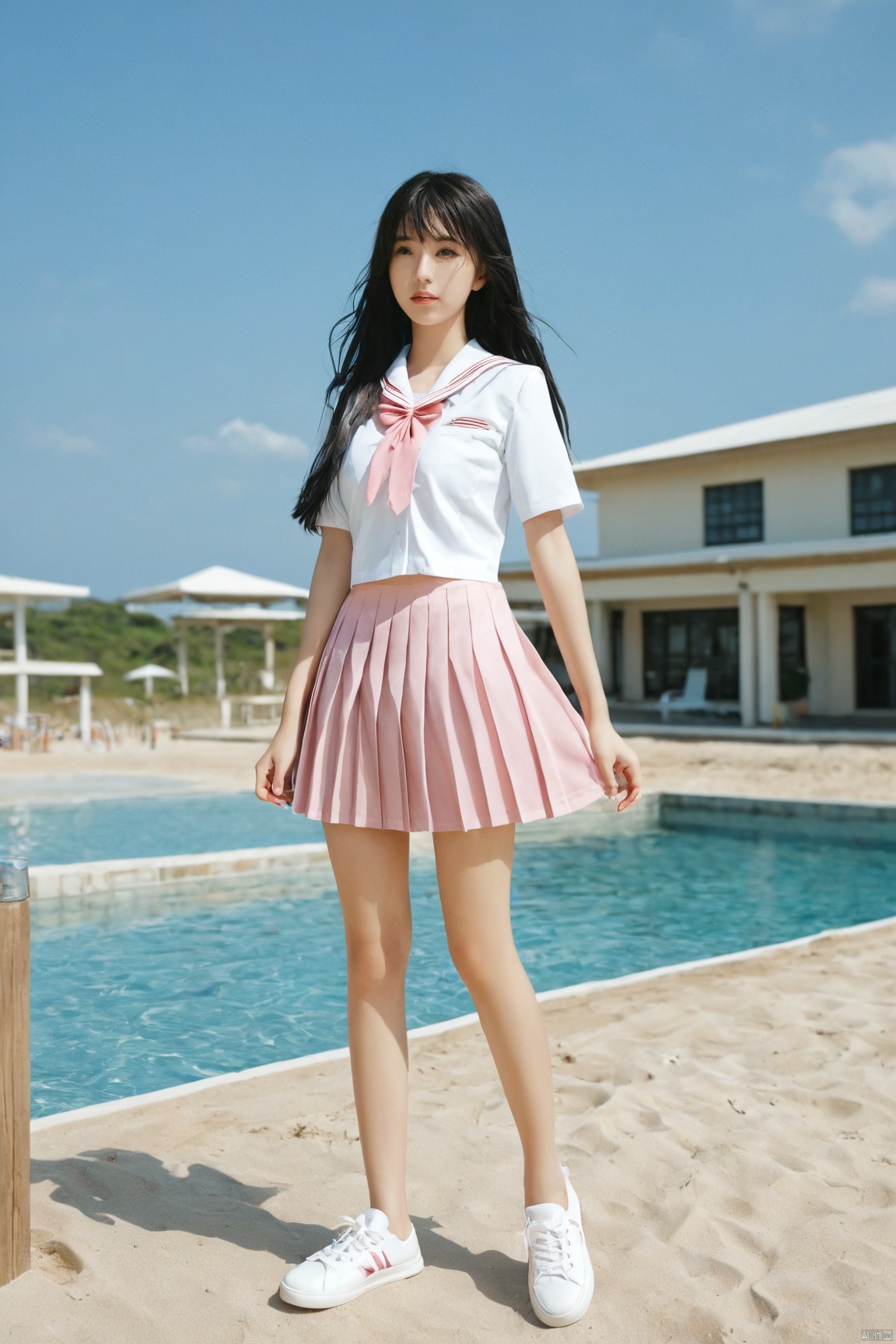  2girls,arms_at_sides,beach,black_hair,day,full_body,horizon,lips,long_hair,looking_at_viewer,multiple_girls,ocean,outdoors,pleated_skirt,pool,realistic,school_uniform,serafuku,shoes,shore,short_sleeves,skirt,sneakers,standing,water,white_footwear, jk-uniform, Water_butterfly, X-Rose, desert_sky,pink uniform,big_breasts