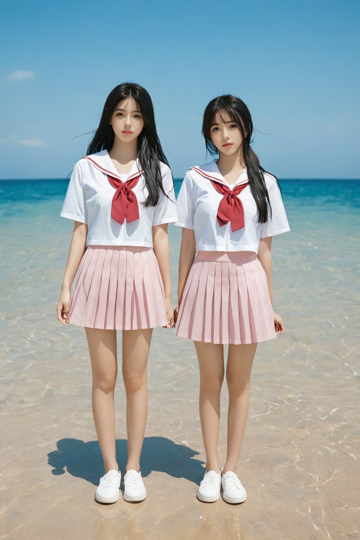  2girls,arms_at_sides,beach,black_hair,day,full_body,horizon,lips,long_hair,looking_at_viewer,multiple_girls,ocean,outdoors,pleated_skirt,pool,realistic,school_uniform,serafuku,shoes,shore,short_sleeves,skirt,sneakers,standing,water,white_footwear, jk-uniform, Water_butterfly, X-Rose, desert_sky,pink uniform,big_breasts