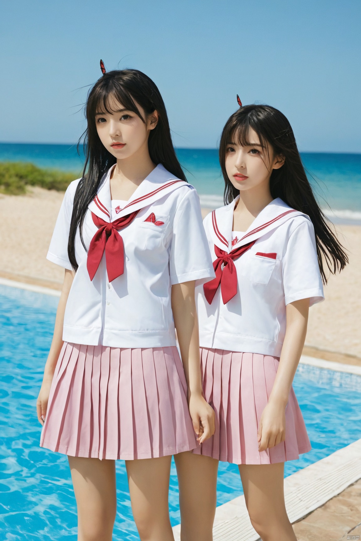  2girls,arms_at_sides,beach,black_hair,day,full_body,horizon,lips,long_hair,looking_at_viewer,multiple_girls,ocean,outdoors,pleated_skirt,pool,realistic,school_uniform,serafuku,shoes,shore,short_sleeves,skirt,sneakers,standing,water,white_footwear, jk-uniform, Water_butterfly, X-Rose, desert_sky,pink uniform,big_breasts