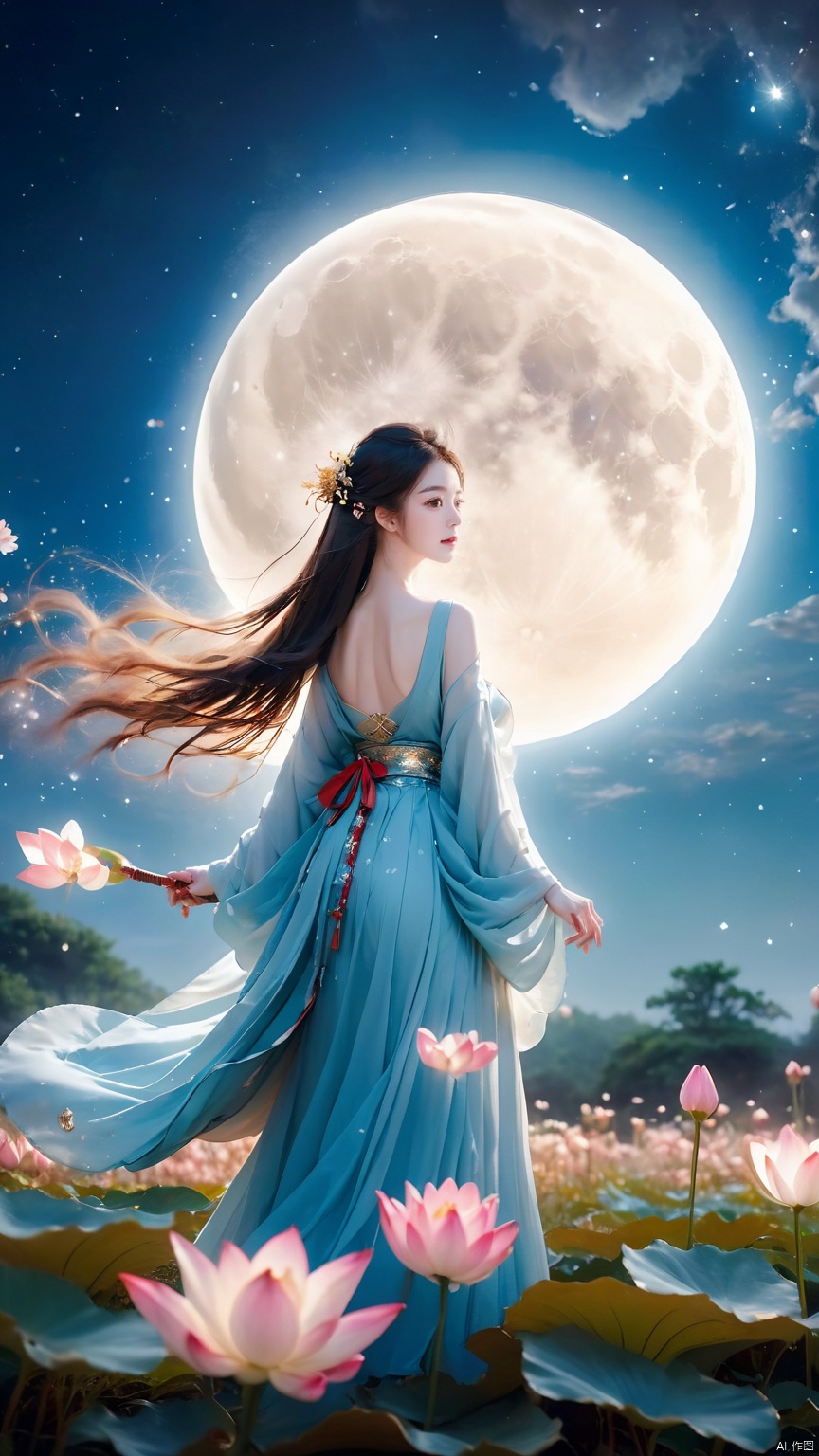 full moon,A huge moon,moonlight,1girl,Dynamic pose,cloud,constellation,dress,field,flower,flower field,galaxy,hanfu,leaf,light particles,Backless,Golden belt,night,full body,Diagonal back to the camera, looking sideways,Blue Hanfu,lily \(flower\),long hair,lotus,milky way,night sky,petals,sky,solo,space,star \(sky\),star \(symbol\),starry sky,starry sky print,white flower