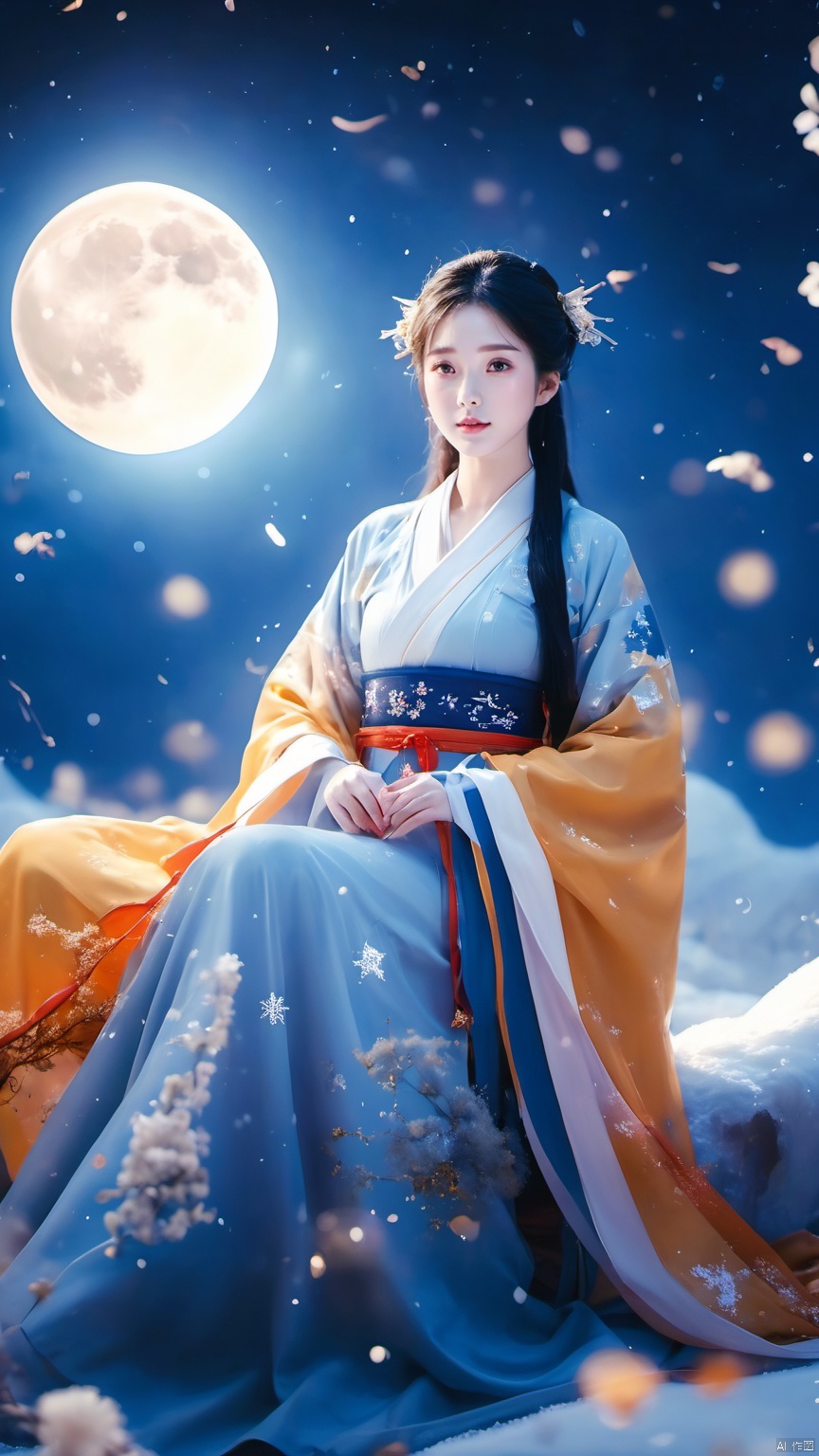 full moon,A huge moon, another moon shadow behind the moon,moonlight,1girl,Girl's posture,cloud,constellation,galaxy,hanfu,light particles,lips,milky way,night,Sitting posture,Close up, slightly sideways, looking at the camera, full body,winter,Blue Hanfu with semi transparent sleeves,night sky,own hands together,sitting,sky,snow,snowflakes,snowing,solo,space,star \(sky\),starry sky,starry sky print