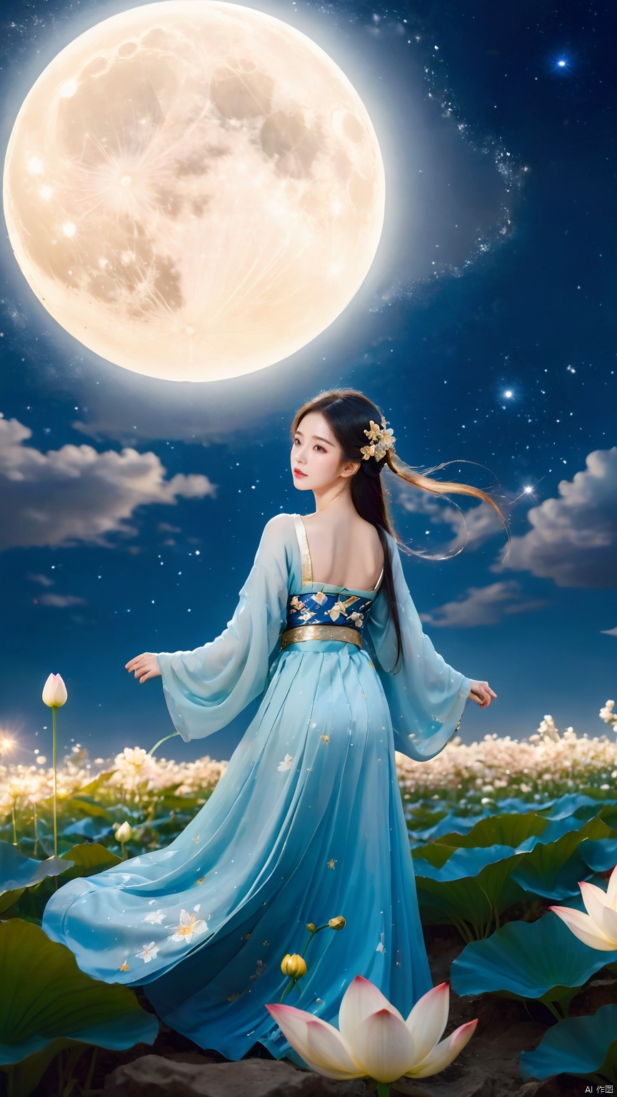 full moon,A huge moon,moonlight,1girl,Dynamic pose,cloud,constellation,dress,field,flower,flower field,galaxy,hanfu,leaf,light particles,Backless,Golden belt,night,full body,Diagonal back to the camera, looking sideways,Blue Hanfu,lily \(flower\),long hair,lotus,milky way,night sky,petals,sky,solo,space,star \(sky\),star \(symbol\),starry sky,starry sky print,white flower