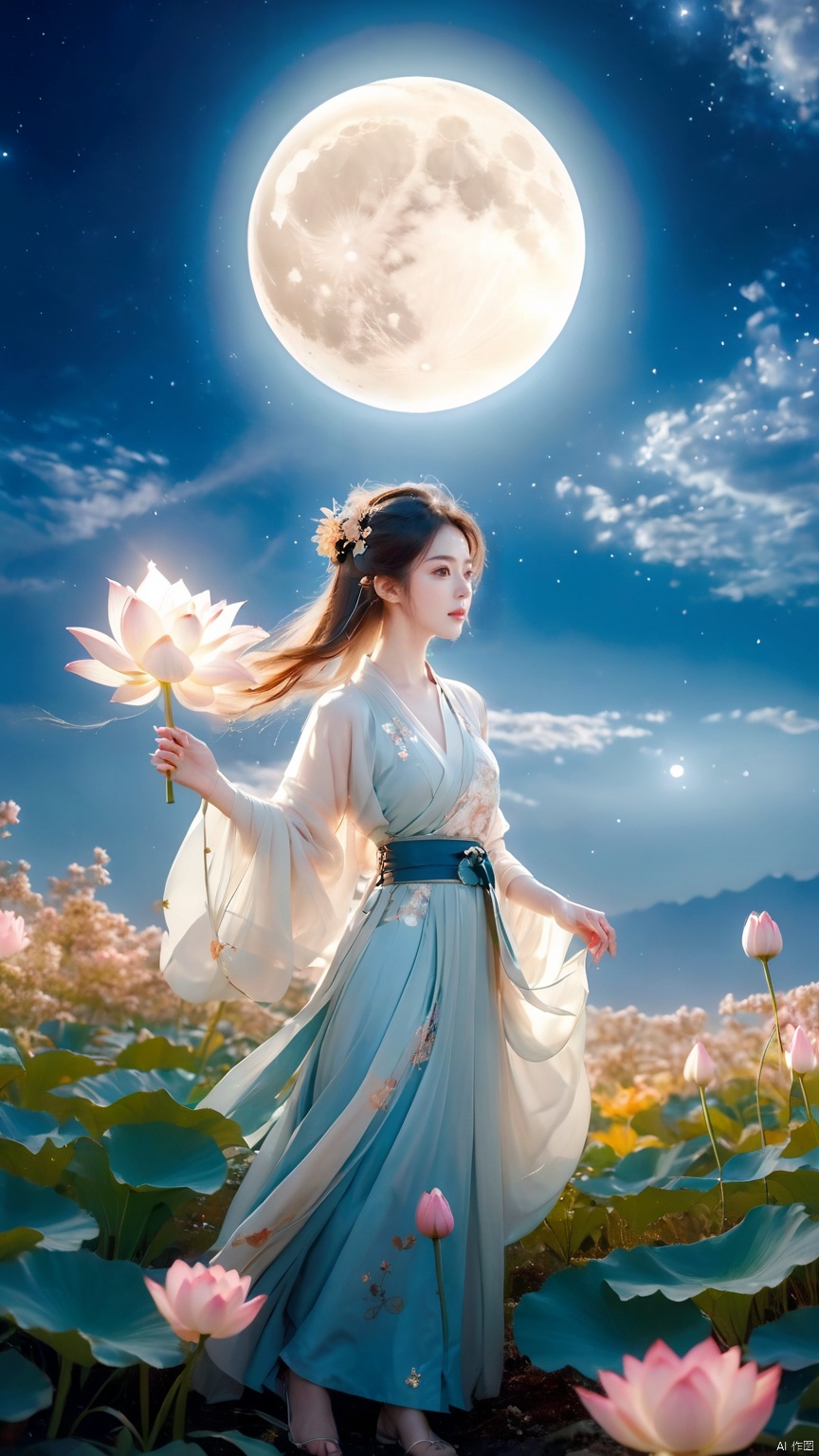 full moon,A huge moon,moonlight,1girl,Dynamic pose,cloud,constellation,dress,field,flower,flower field,galaxy,hanfu,leaf,light particles,Backless,Golden belt,night,full body,Diagonal back to the camera, looking sideways,Blue Hanfu,lily \(flower\),long hair,lotus,milky way,night sky,petals,sky,solo,space,star \(sky\),star \(symbol\),starry sky,starry sky print,white flower
