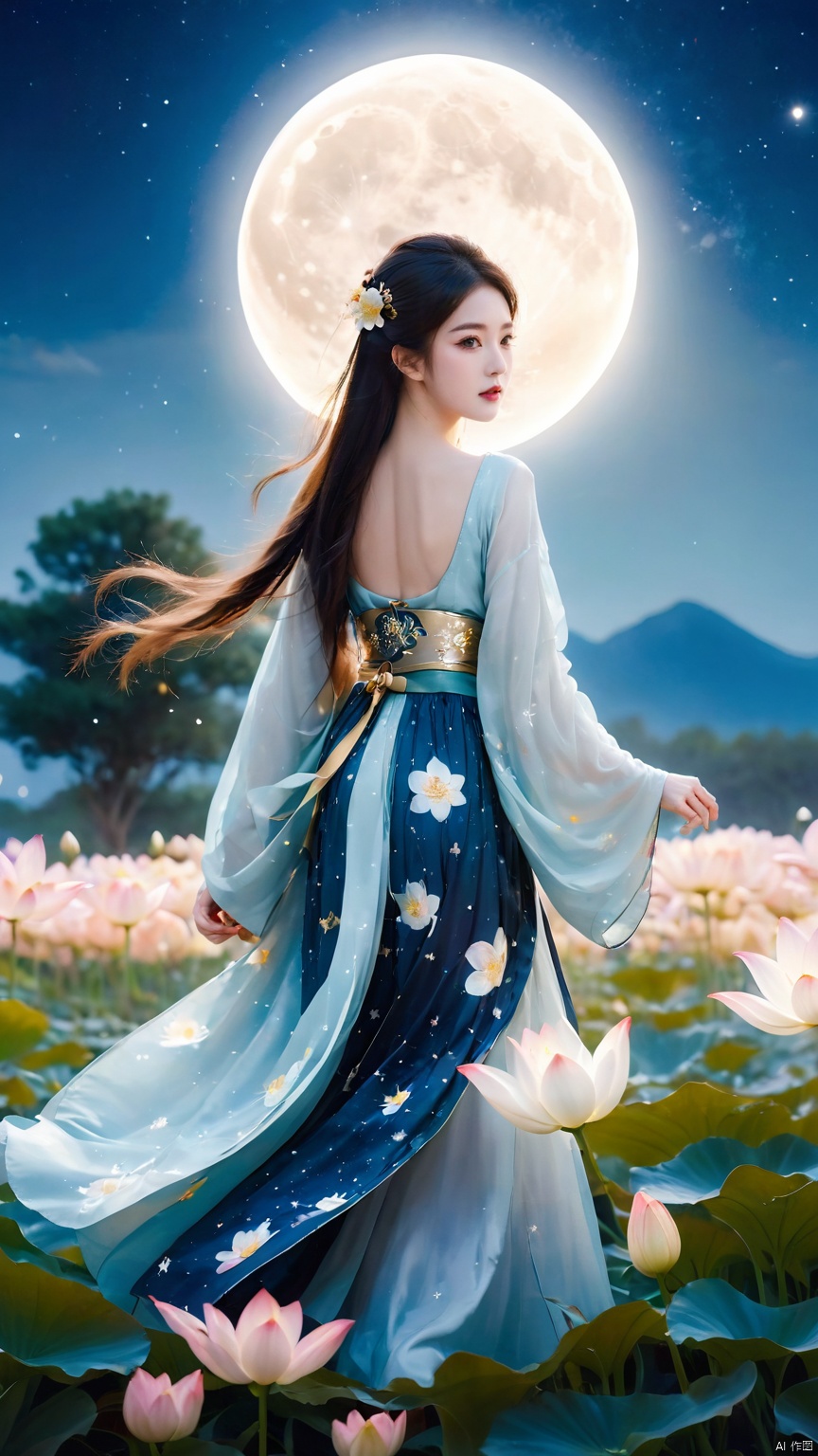 full moon,A huge moon,moonlight,1girl,Dynamic pose,cloud,constellation,dress,field,flower,flower field,galaxy,hanfu,leaf,light particles,Backless,Golden belt,night,full body,Diagonal back to the camera, looking sideways,Blue Hanfu,lily \(flower\),long hair,lotus,milky way,night sky,petals,sky,solo,space,star \(sky\),star \(symbol\),starry sky,starry sky print,white flower