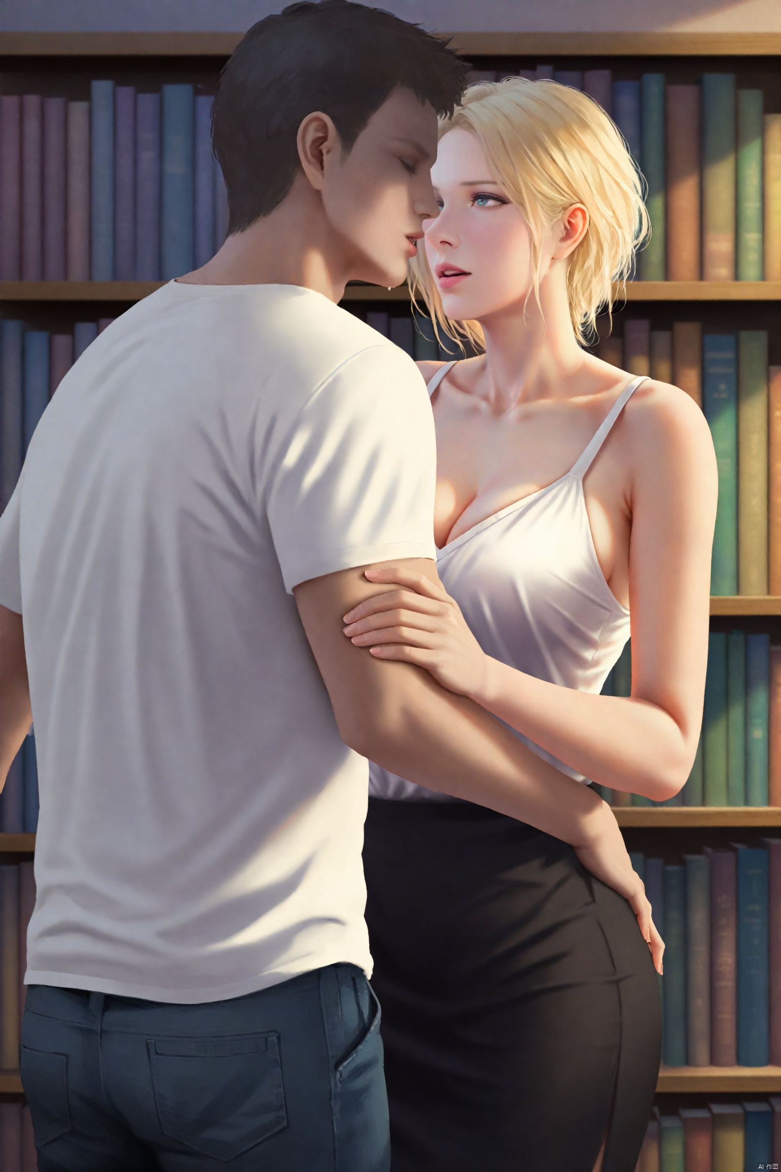  masterpiece,best quality,high quality,(colorful),Colored lead Style, 1girl, 1boy, blonde hair, hetero, bookshelf, shirt, short hair, white shirt, skirt, indoors, breasts, looking at another, sleeveless, cleavage, imminent kiss, book, blurry, parted lips, black skirt, pants, couple, lips, faceless male, eye contact