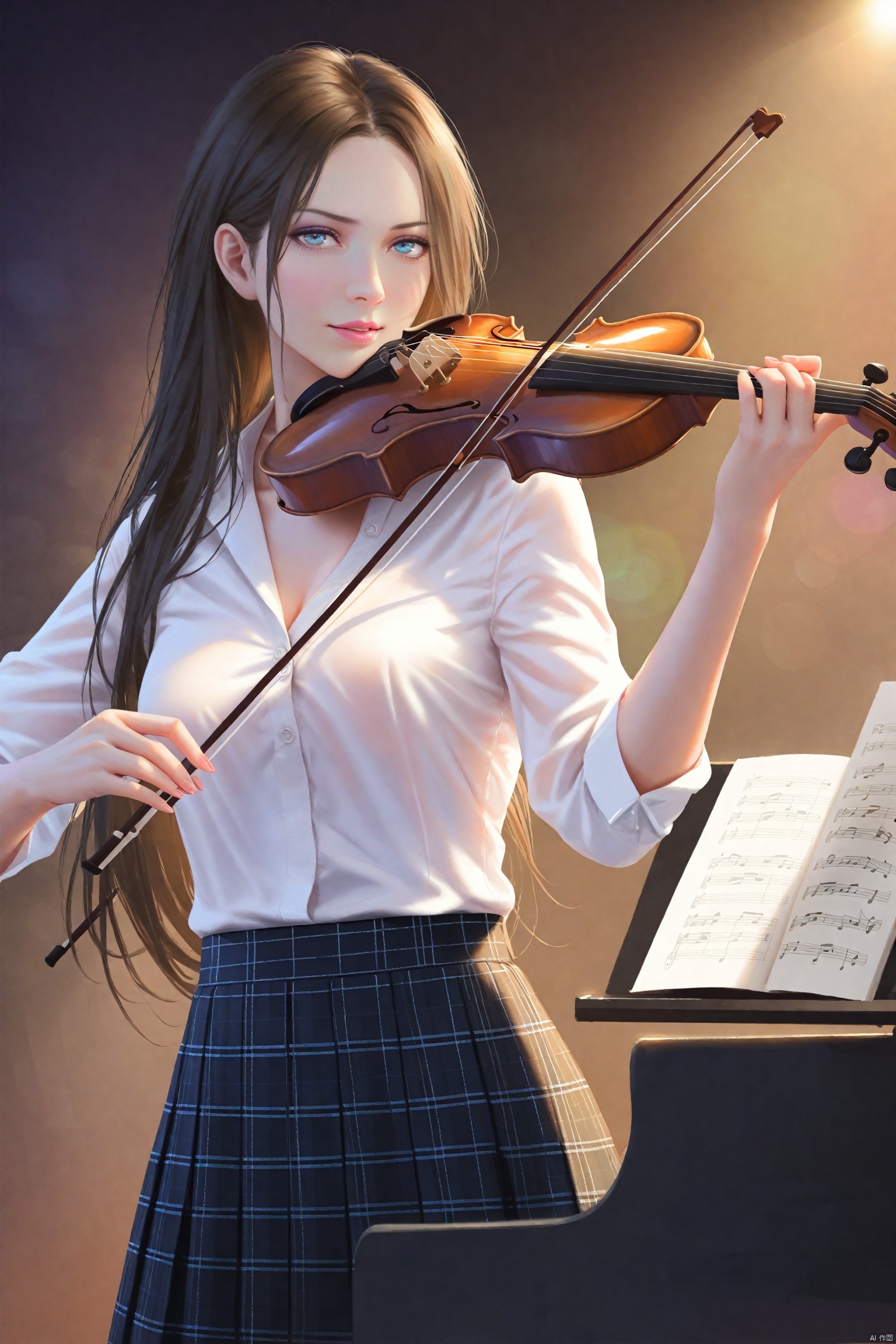 masterpiece,best quality,high quality,(colorful),Colored lead Style, instrument, violin, 1girl, solo, long hair, playing instrument, brown hair, skirt, music, bow (music), shirt, blue eyes, plaid skirt, plaid, white shirt, lips, holding violin, piano, looking at viewer