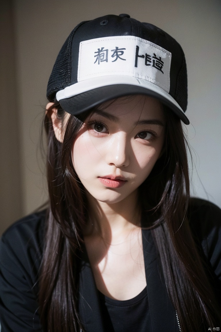  1girl,solo,shirt,male focus,looking at viewer,30 years old,face photo,narrow eyes,Chinese,black **** top,black jacket,brown hair,moyou,hat,mask, MMN,30 years old, 1 girl