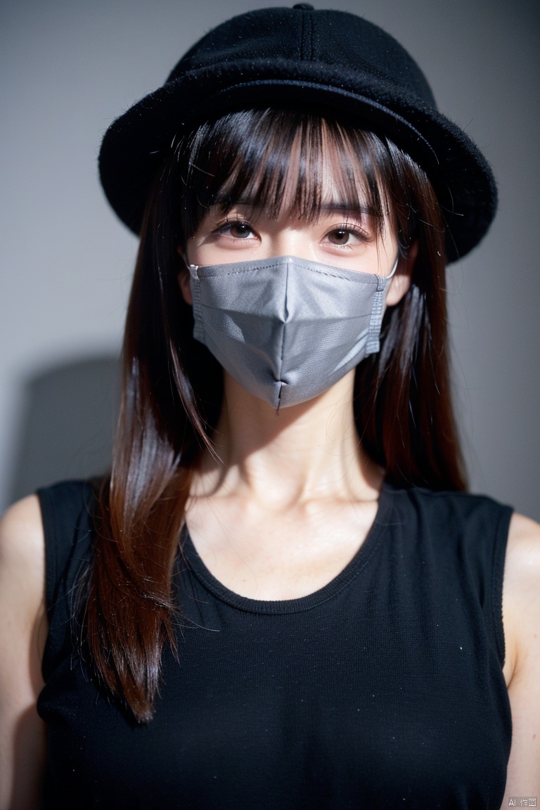  1girl,solo,shirt,male focus,looking at viewer,30 years old,face photo,narrow eyes,Chinese,black **** top,black jacket,brown hair,moyou,hat,mask, MMN,30 years old, 1 girl