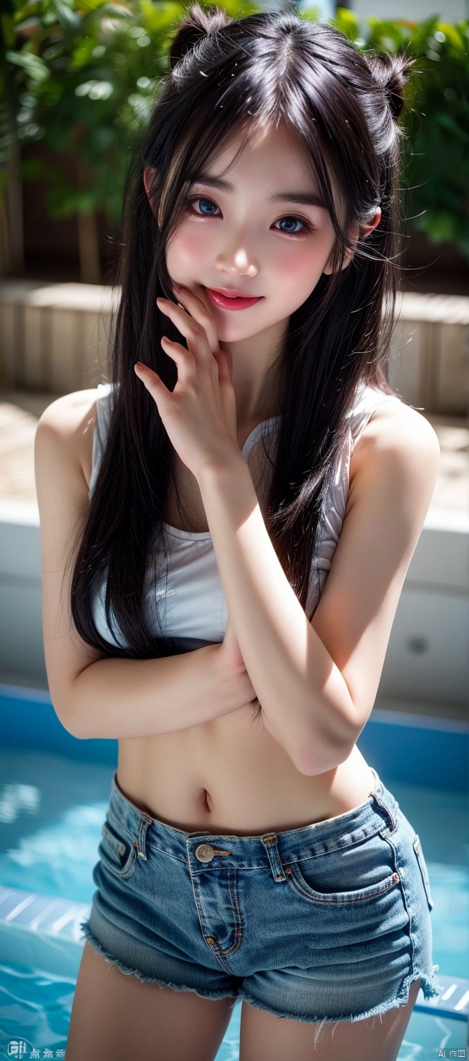  18 years old girl,standing,asian,medium breasts,long_hair, ((poakl)),detailed hands,detailed face,five fingers, hand,solo,Logical legs, No sunlight,medium breasts,thin,cute face,masterpiece, best quality, photo, real,realistic, album ,blue eyes,moyou ,Nine-headed body,medium breasts,smile,cute face,blue eyes,sleeveless shirt, shorts,Young, pure, swimming_pool,hair scrunchie, Breast patches,bust, xxs