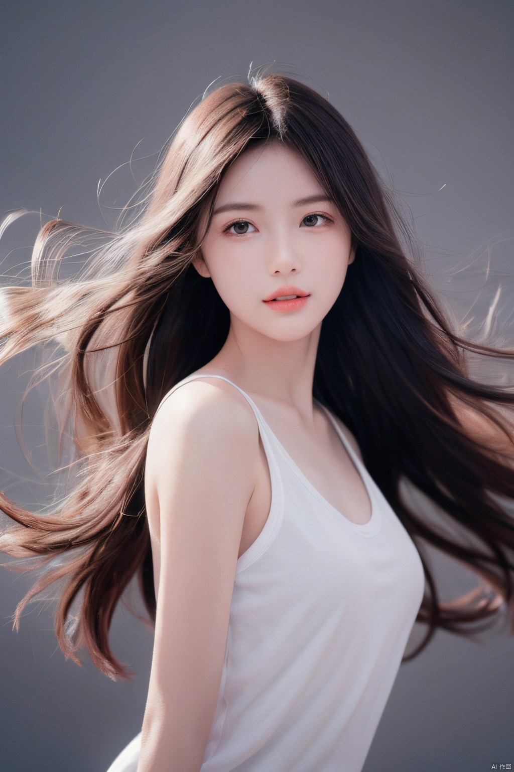  masterpiece, best quality, 1girl ,(( grey background)), long hair, floating hair,looking at viewers, happy, ((front)), (studio light),upper body,soft light, black and white,dark style, summer,