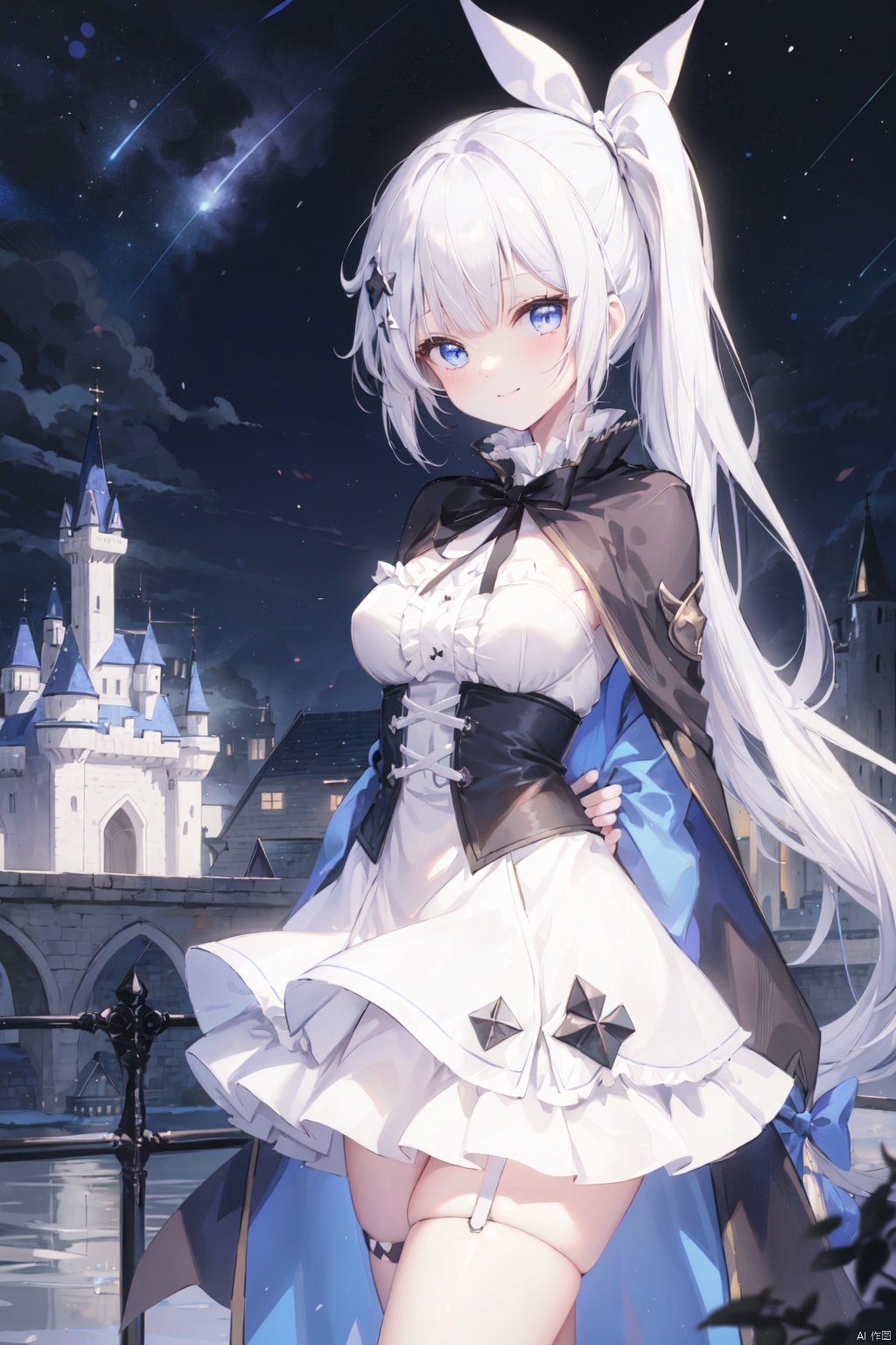 1girl,thin,blue cape,white_hair,long straight hair,crossed bangs,(side ponytail),frilled white shirt,sabre,black bustier,hairpin,smile,medium_breast,blue eyes,ribbon,castle,black skirt,loil,15-year age,night backgroung