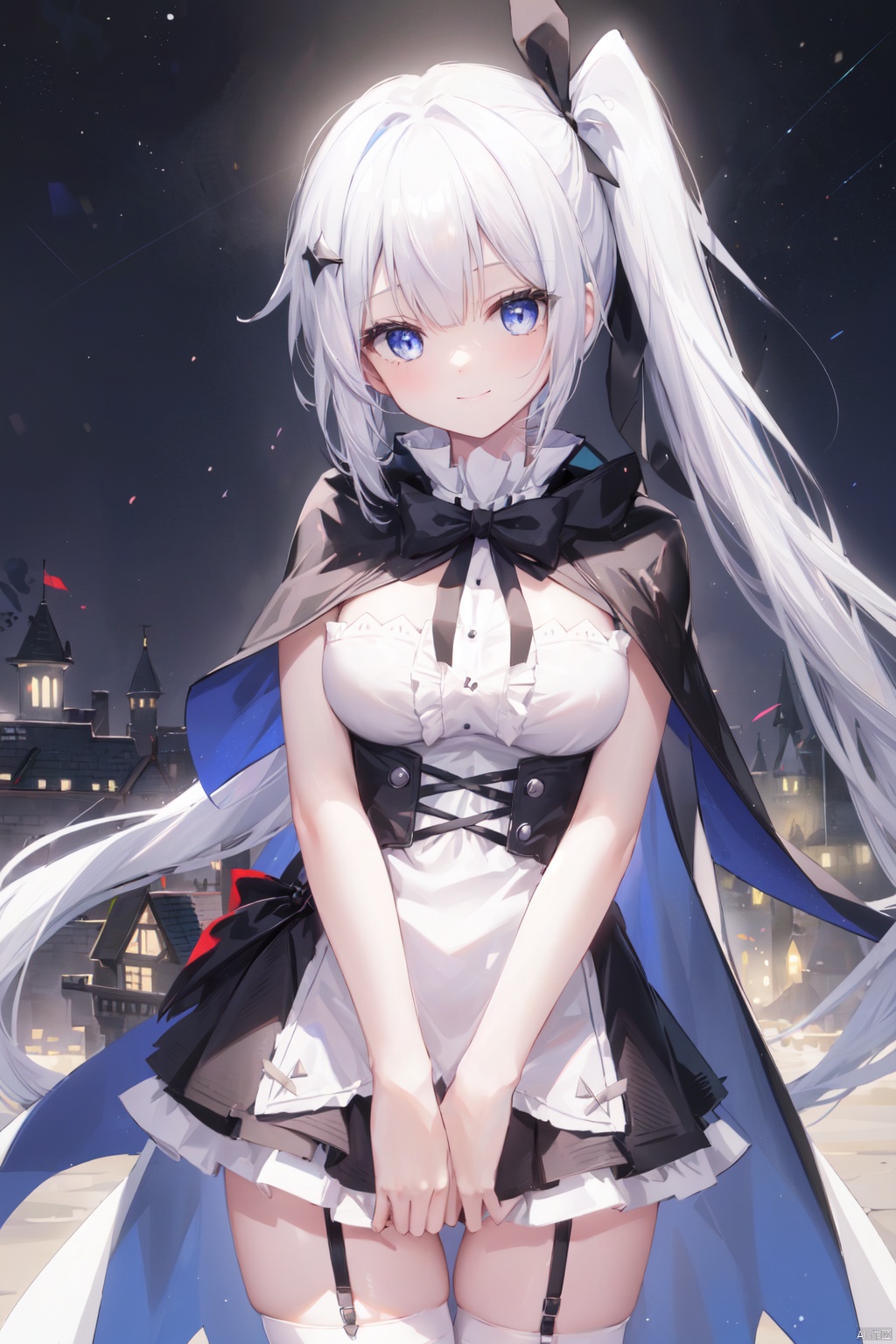  1girl,thin,blue cape,white_hair,long straight hair,crossed bangs,(side ponytail),frilled white shirt,sabre,black bustier,hairpin,smile,medium_breast,blue eyes,ribbon,castle,black skirt,loil,15-year age,night backgroung