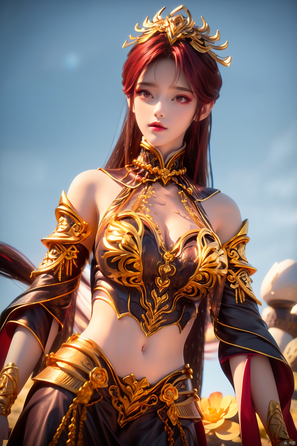  (masterpiece, top quality, best quality, official art, beautiful and aesthetic:1.2),(1girl),extreme detailed,(fractal art:1.3),colorful,highest detailed,(Outside:1.4),(golden flower:1.4),(ice_crystal:1.4),(ice crystal:1.4),duxiefuren,1gir,armlet,armor,bangle,bare shoulders,bracelet,bracer,crop top,eyelashes,gem,glowing,gold,jewelry,long hair,red eyes,red hair,navel,detached sleeves,dress,cleavage,
