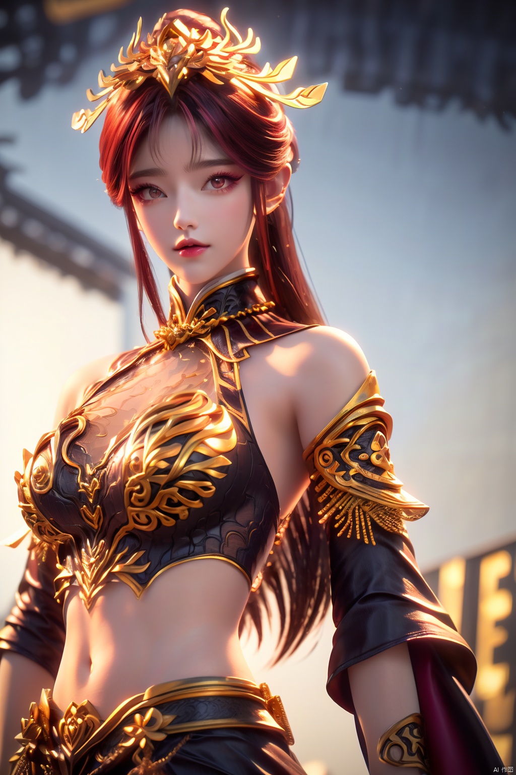  (masterpiece, top quality, best quality, official art, beautiful and aesthetic:1.2),(1girl),extreme detailed,(fractal art:1.3),colorful,highest detailed,(Outside:1.4),(golden flower+ice_crystal),(ice crystal:1.6),duxiefuren,1gir,armlet,armor,bangle,bare shoulders,bracelet,bracer,crop top,eyelashes,gem,glowing,gold,jewelry,long hair,red eyes,red hair,navel,detached sleeves,dress,cleavage,