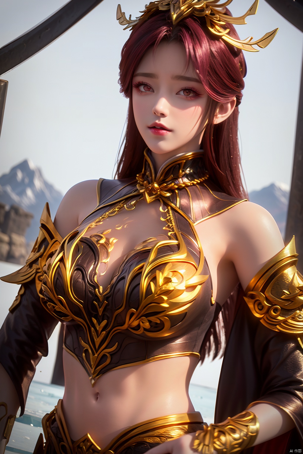 (masterpiece, top quality, best quality, official art, beautiful and aesthetic:1.2),(1girl),extreme detailed,(fractal art:1.3),colorful,highest detailed,(Outside:1.4),(golden flower:1.4),(ice_crystal:1.4),(ice crystal:1.4),Rose, huge flowers,mountains, rivers, meadows,duxiefuren,1gir,armlet,armor,bangle,bare shoulders,bracelet,bracer,crop top,eyelashes,gem,glowing,gold,jewelry,long hair,red eyes,red hair,navel,detached sleeves,dress,cleavage, 1 girl,Depth of field,