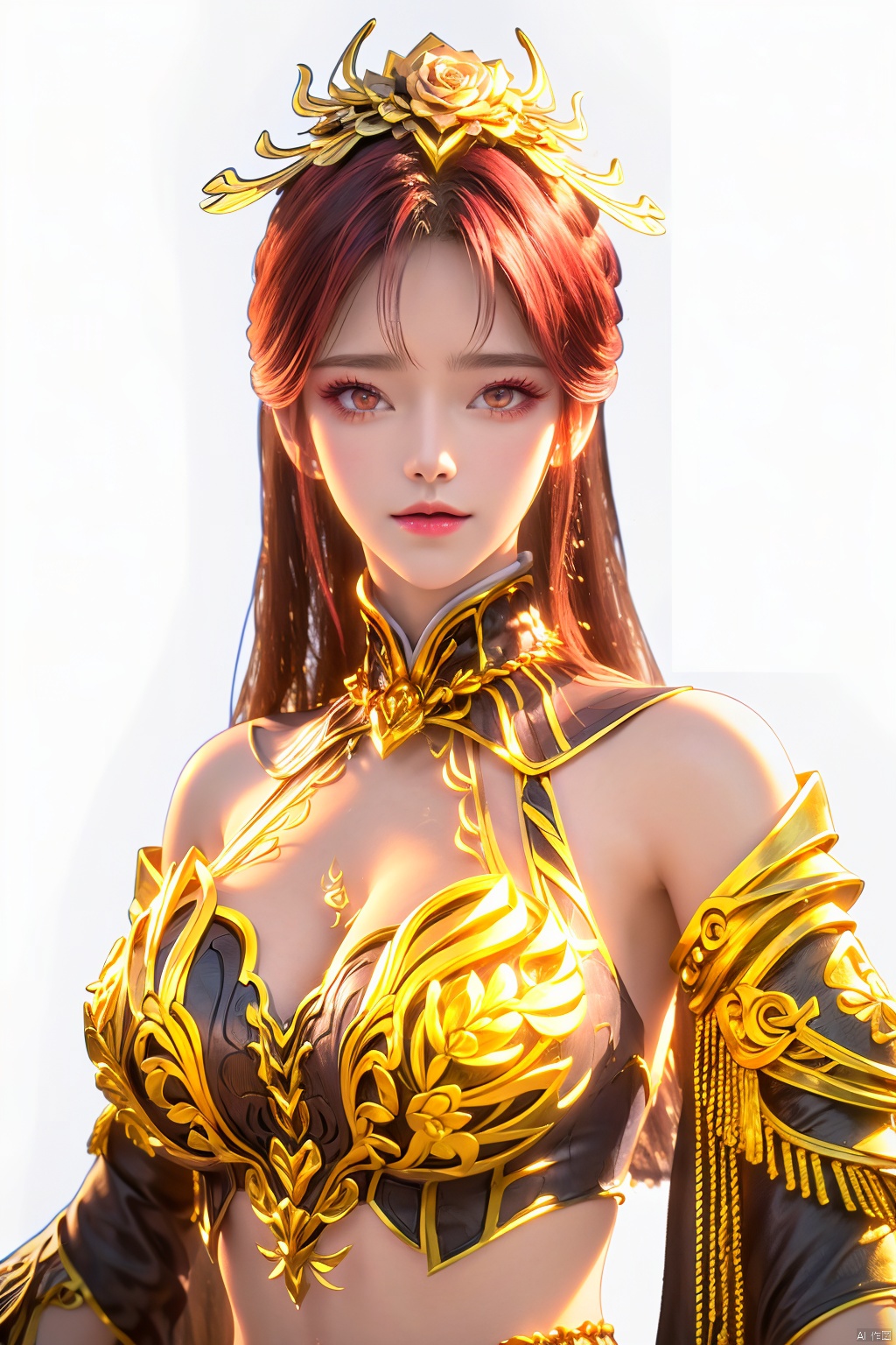  (masterpiece, top quality, best quality, official art, beautiful and aesthetic:1.2),(1girl),extreme detailed,(fractal art:1.3),colorful,highest detailed,(Outside:1.4),(golden flower:1.4),(ice_crystal:1.4),(ice crystal:1.4),(Rose:1.4), (huge flowers:1.4),mountains, rivers, meadows,duxiefuren,1gir,armlet,armor,bangle,bare shoulders,bracelet,bracer,crop top,eyelashes,gem,glowing,gold,jewelry,long hair,red eyes,red hair,navel,detached sleeves,dress,cleavage, 1 girl,Depth of field,