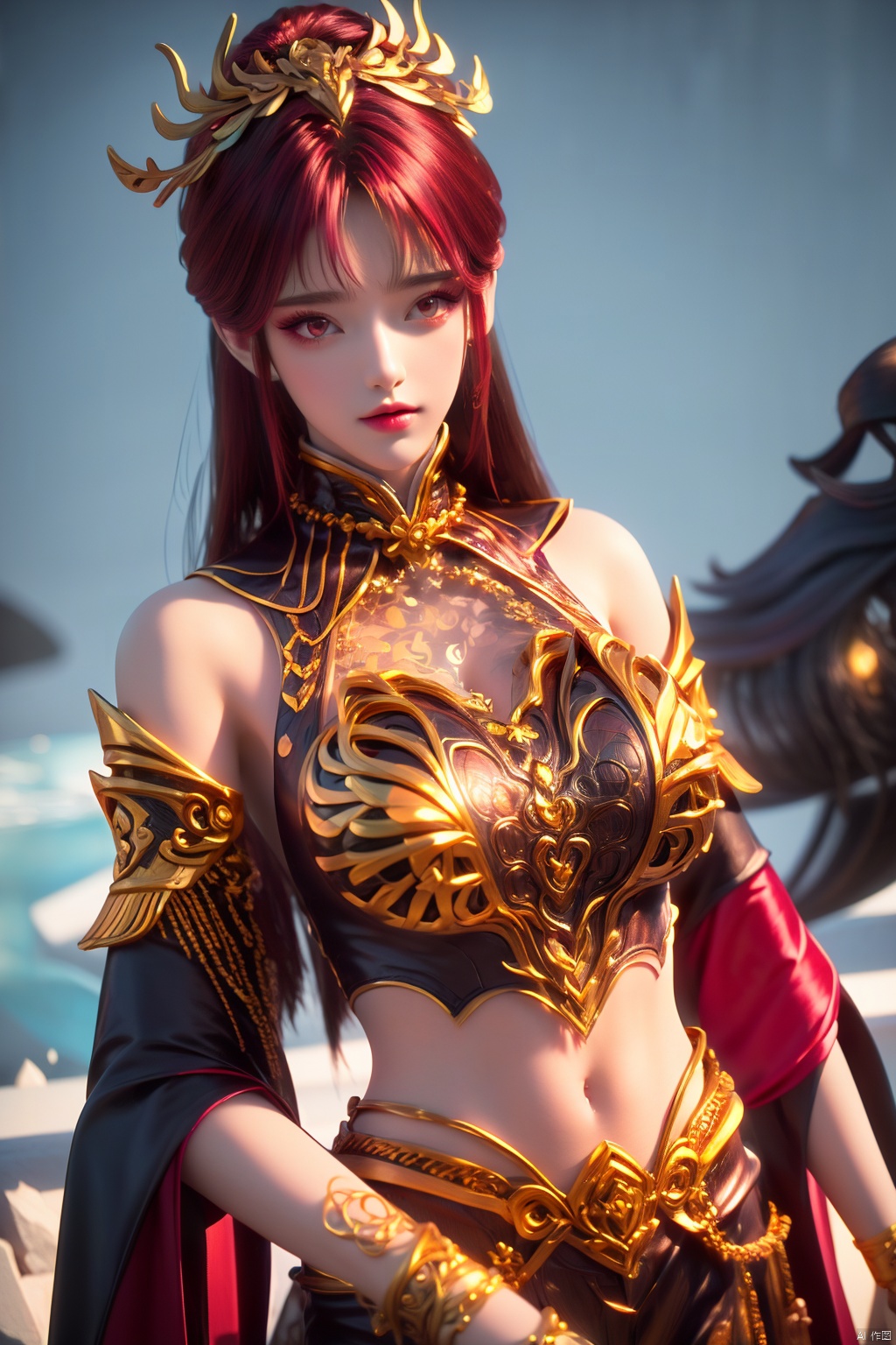  (masterpiece, top quality, best quality, official art, beautiful and aesthetic:1.2),(1girl),extreme detailed,(fractal art:1.3),colorful,highest detailed,(Outside:1.4),(golden flower+ice_crystal),(ice crystal:1.6),duxiefuren,1gir,armlet,armor,bangle,bare shoulders,bracelet,bracer,crop top,eyelashes,gem,glowing,gold,jewelry,long hair,red eyes,red hair,navel,detached sleeves,dress,cleavage,