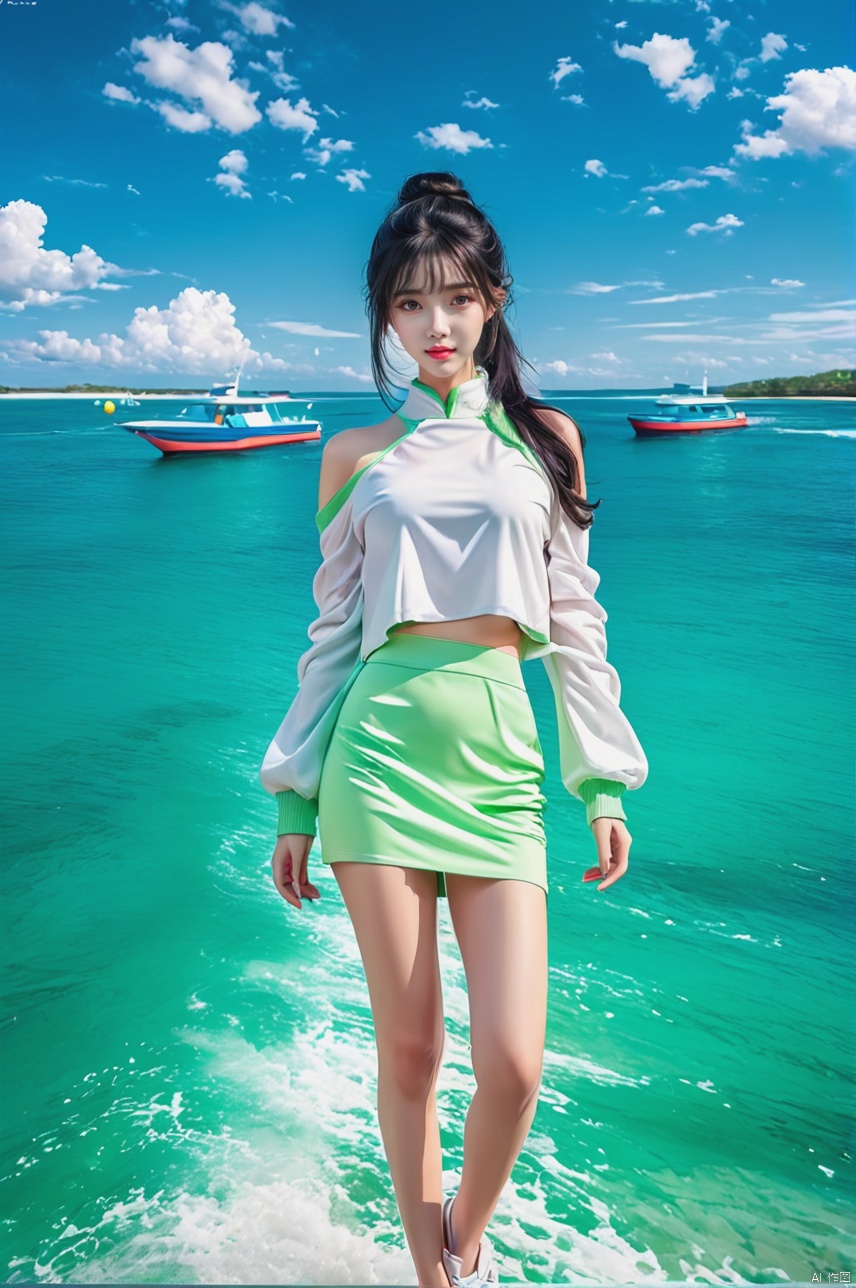  sea,
beach,
Fast boats,
﻿Social art, colorful, 
Color splash, movie perspective, (),
Best quality, masterpiece, ultra-high resolution, modern, China, Song Yun, Oriental, beautiful, denim lens, 1 girl, black hair, bangs, bare shoulders, green eyes, 
sports shoes, socks, white and green dresses, open jacket, hair bun, fluffy long sleeves, (short top: 1.3), pants, (whole body: 1.1), gradient
﻿

﻿(Ultra short skirt),
﻿
