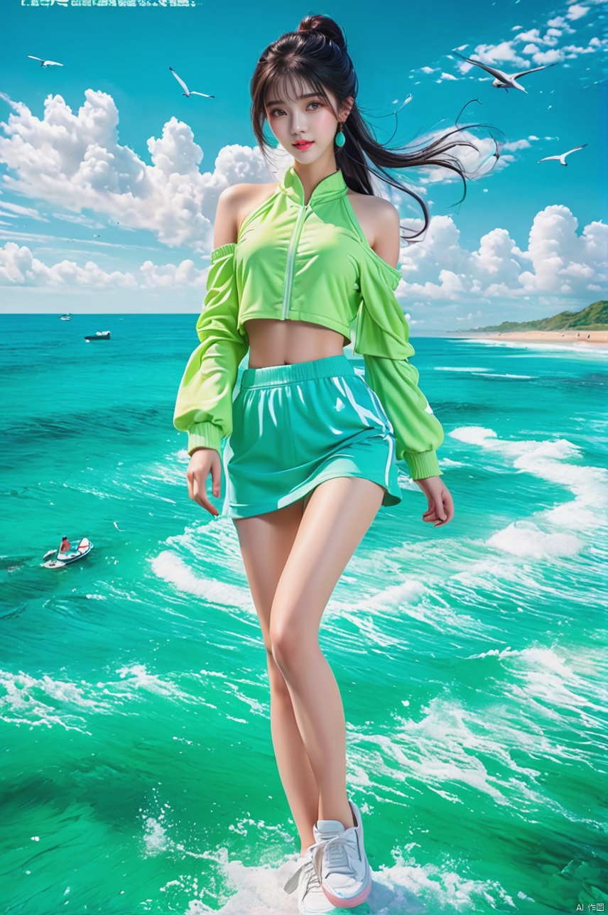  sea,
beach,
Fast boats,
﻿Social art, colorful, 
Color splash, movie perspective, (),
Best quality, masterpiece, ultra-high resolution, modern, China, Song Yun, Oriental, beautiful, denim lens, 1 girl, black hair, bangs, bare shoulders, green eyes, 
sports shoes, socks, white and green dresses, open jacket, hair bun, fluffy long sleeves, (short top: 1.3), pants, (whole body: 1.1), gradient
﻿

﻿(Ultra short skirt),
﻿
