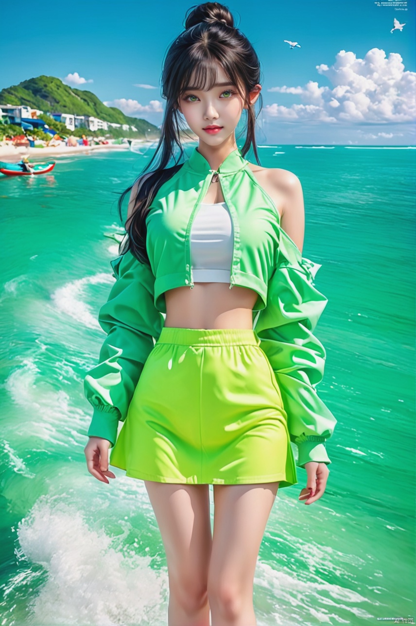 
beach,
Fast boats,
﻿Social art, colorful, 
Color splash, movie perspective, (),
Best quality, masterpiece, ultra-high resolution, modern, China, Song Yun, Oriental, beautiful, denim lens, 1 girl, black hair, bangs, bare shoulders, green eyes, 
sports shoes, socks, white and green dresses, open jacket, hair bun, fluffy long sleeves, (short top: 1.3), pants, (whole body: 1.1), gradient
﻿

﻿(Ultra short skirt),
﻿
