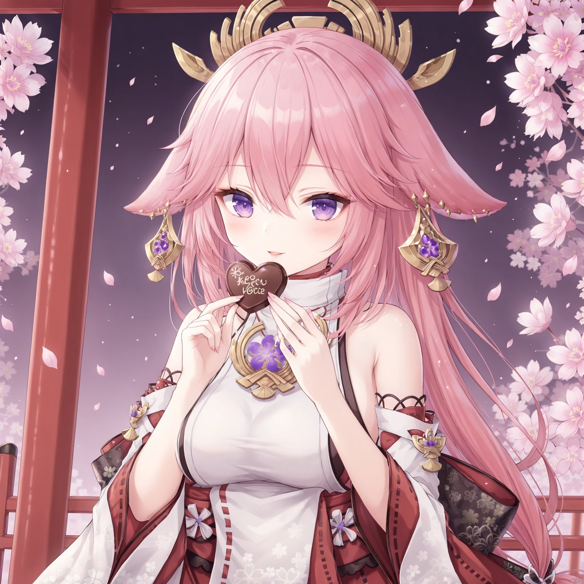 yae miko, 1girl, solo, breasts, purple eyes, smile, heart-shaped chocolate, pink hair, food, looking at viewer, chocolate, candy, long hair, fox ears, large breasts, animal ears, bare shoulders, blush, hair between eyes, heart, upper body, bangs, detached sleeves, holding, japanese clothes, hair ornament, parted lips, wide sleeves, holding food, jewelry, earrings, shirt, long sleeves, petals, flower