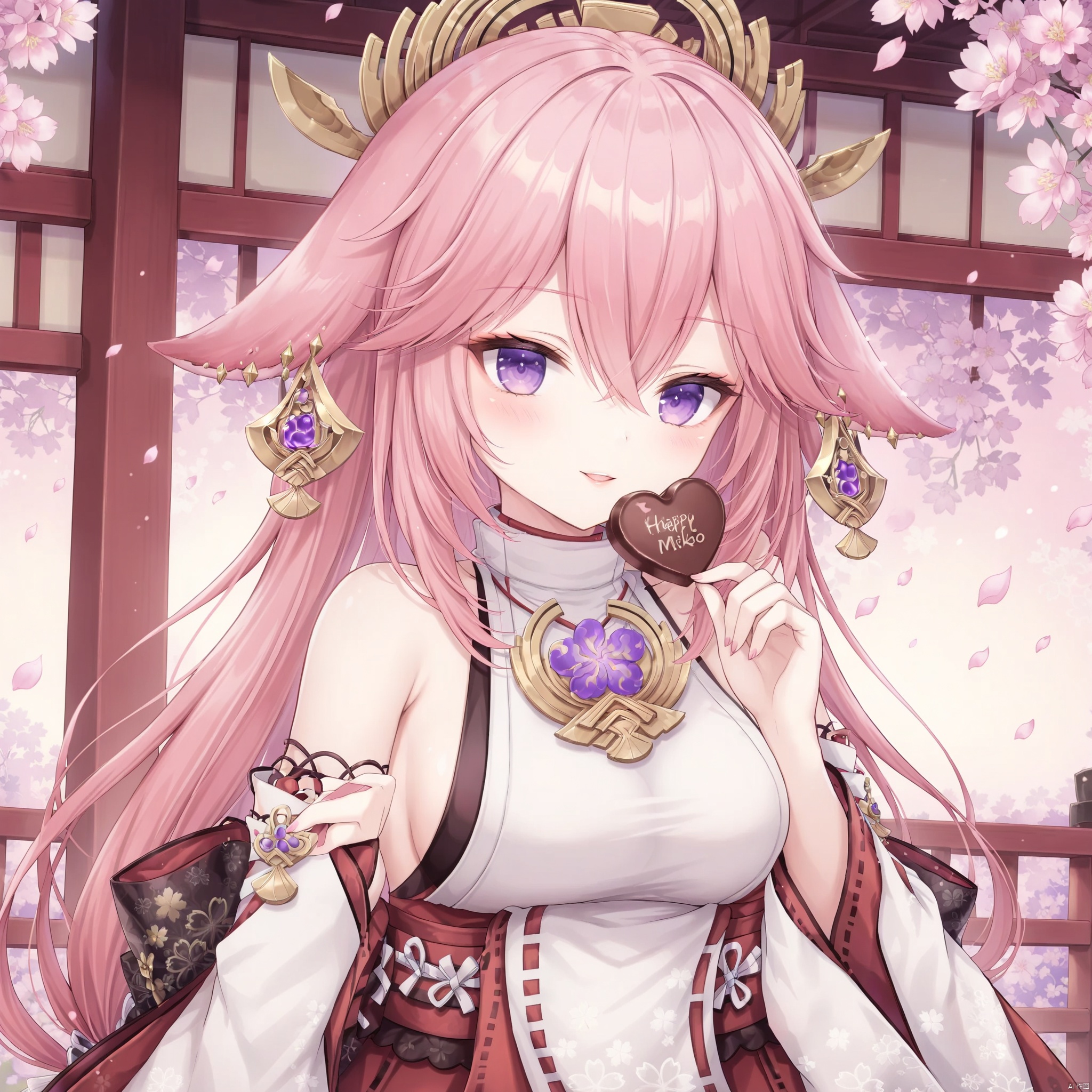 yae miko, 1girl, solo, breasts, purple eyes, smile, heart-shaped chocolate, pink hair, food, looking at viewer, chocolate, candy, long hair, fox ears, large breasts, animal ears, bare shoulders, blush, hair between eyes, heart, upper body, bangs, detached sleeves, holding, japanese clothes, hair ornament, parted lips, wide sleeves, holding food, jewelry, earrings, shirt, long sleeves, petals, flower