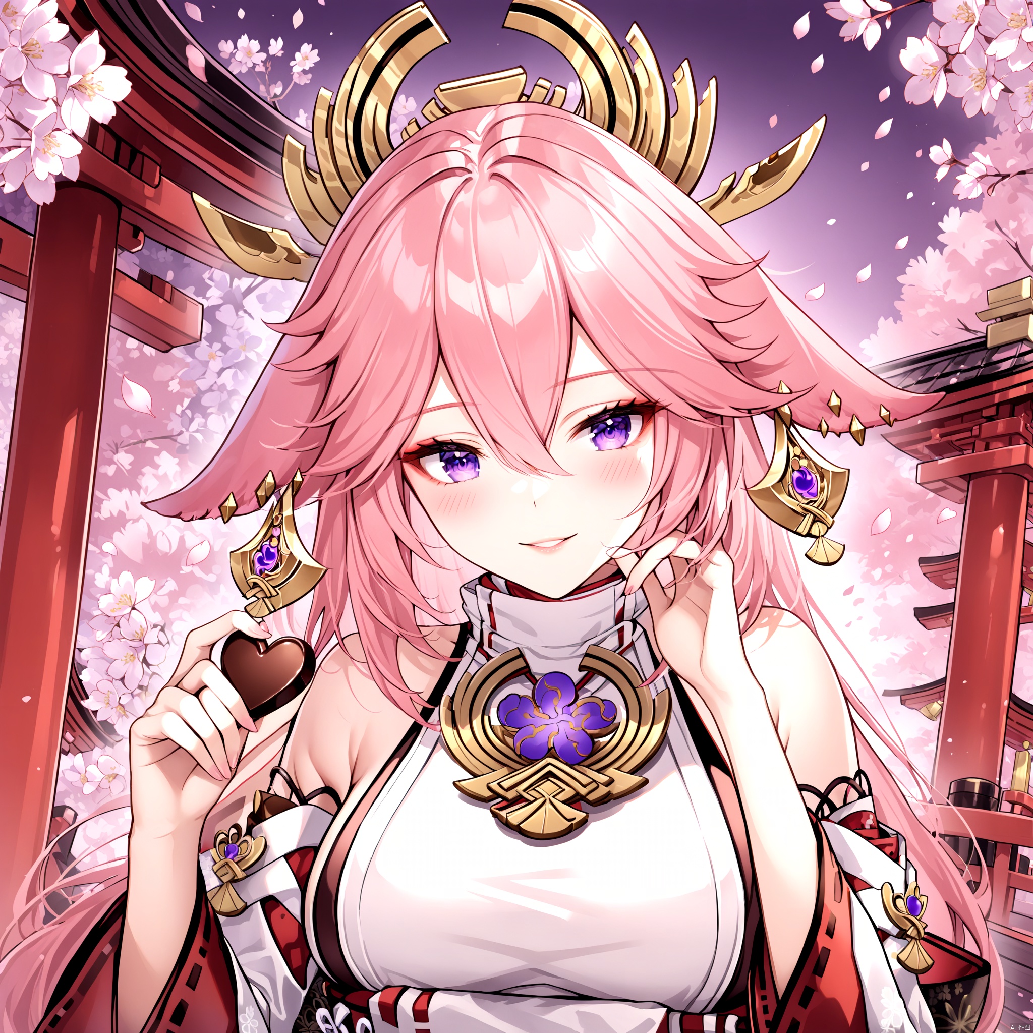yae miko, 1girl, solo, breasts, purple eyes, smile, heart-shaped chocolate, pink hair, food, looking at viewer, chocolate, candy, long hair, fox ears, large breasts, animal ears, bare shoulders, blush, hair between eyes, heart, upper body, bangs, detached sleeves, holding, japanese clothes, hair ornament, parted lips, wide sleeves, holding food, jewelry, earrings, shirt, long sleeves, petals, flower