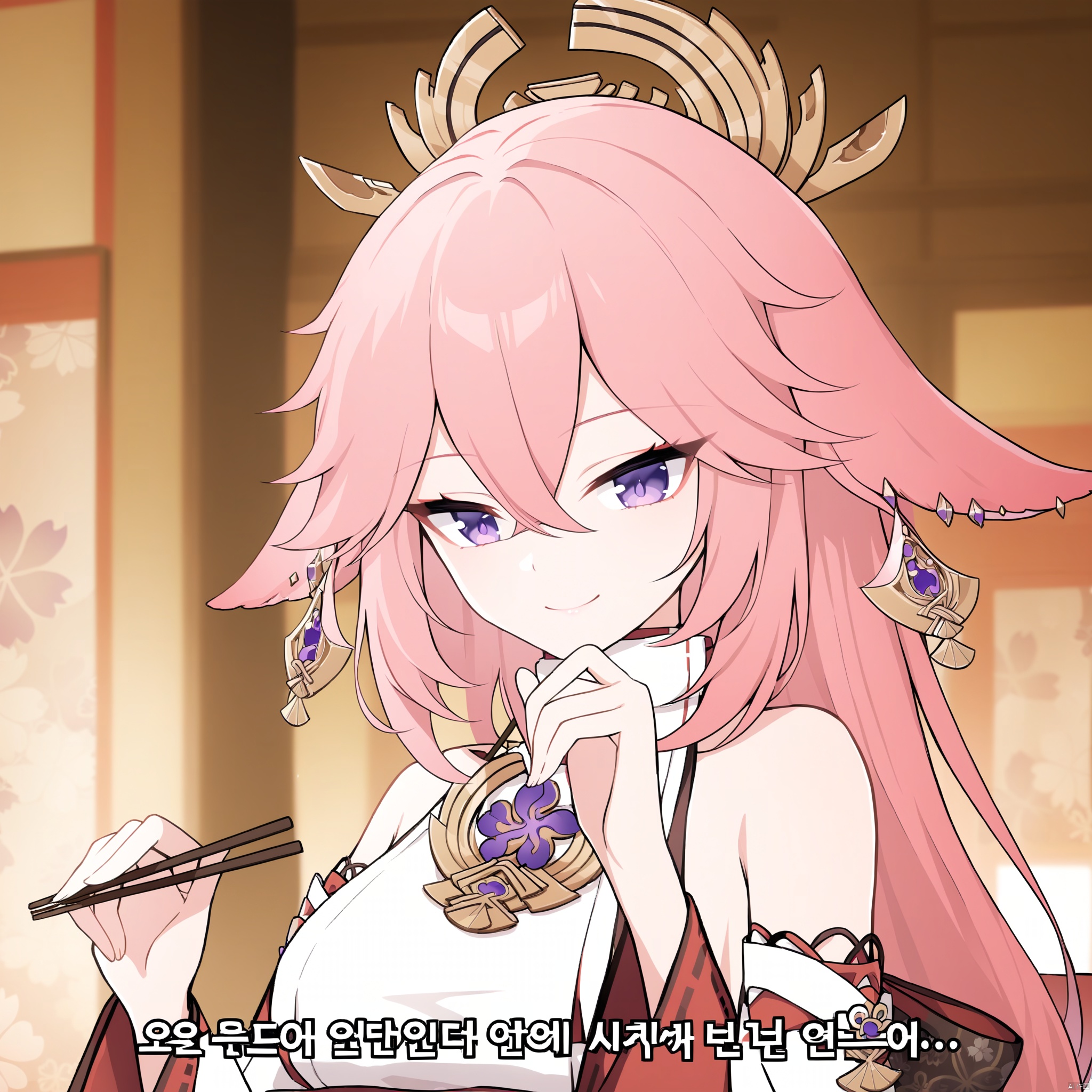 yae miko, 1girl, solo, chopsticks, purple eyes, pink hair, long hair, hair between eyes, animal ears, fox ears, holding chopsticks, holding, blurry, jewelry, earrings, bangs, smile, depth of field, detached sleeves, bare shoulders, korean text, japanese clothes, blurry background, hair ornament, upper body, subtitled, closed mouth