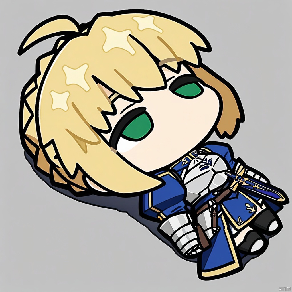 lying-on-back, chibi,(masterpiece),(best quality),1girl, artoria pendragon \(fate\), solo, saber, blonde hair, weapon, holding sword, armor, ahoge, green eyes, dress, armored dress, gauntlets, excalibur \(fate/stay night\)