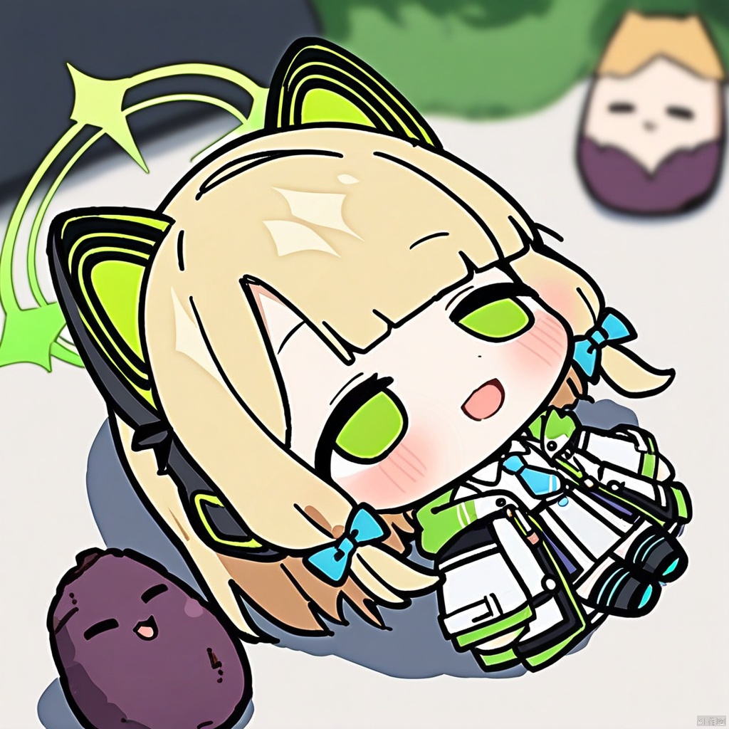  lying-on-back, chibi, full body, 1girl, (masterpiece),(best quality),1girl,midori \(blue archive\),blue archive,aiamu iamu,holding food,holding,hooded jacket,food,sidelocks,:d,collared shirt,blurry,long sleeves,puffy sleeves,headphones,blue bow,hand up,necktie, halo,looking at viewer,jacket,sleeves past wrists,blush,nail polish,blue necktie,animal ear headphones,blurry background,blonde hair,shirt,green eyes,hood down,open clothes,depth of field,hood,smile,white jacket,fake animal ears,bow,puffy long sleeves,open jacket,solo,dress shirt,animal ears,white shirt,blue nails,hair bow,long hair,drawstring,sweet potato,
