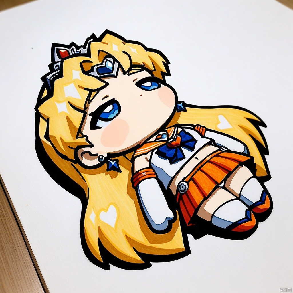  chibi, lying-on-back,full body,(masterpiece),(best quality),1girl,sailor venus,masterpiece,best quality,very aesthetic,absurdres,aavenus,long hair,blonde hair,hair bow,tiara,blue eyes,earrings,orange choker,collarbone,orange sailor collar,blue bowtie,white shirt,white leotard,elbow gloves,white gloves,pleated skirt,orange skirt,heart hands,traditional media,