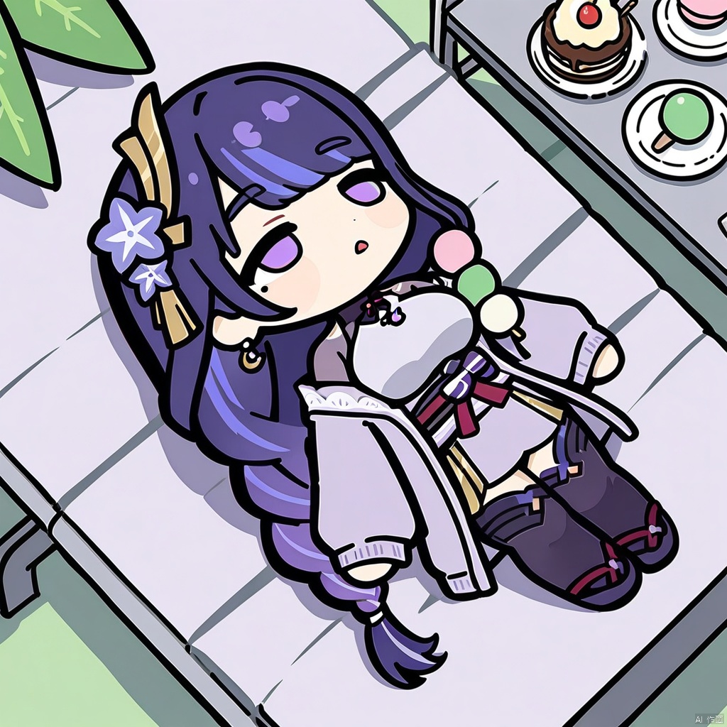 lying-on-back, chibi, full body,(masterpiece),(best quality),macaron, 1girl, food, wagashi, solo, raiden shogun, purple skirt, dango, sweater, purple eyes, braided ponytail, mole under eye, purple hair, skirt, pantyhose, ice cream, turtleneck, hair ornament, sitting, sanshoku dango, tomoe \(symbol\), breasts, jewelry, long hair, parfait, braid, looking at viewer, mitsudomoe \(shape\), sweets, holding, necklace, bangs, mole, ice cream cone, purple nails, earrings, purple jacket, long sleeves, open clothes, bag, turtleneck sweater, open jacket, off shoulder, black pantyhose, nail polish, jacket, outdoors, hair flower, day, cake, flower, large breasts, very long hair, alternate costume, ribbed sweater, table, dessert, chair, purple flower, sleeves past wrists, parted lips, open mouth, holding food, purple sweater, knees together feet apart, tree