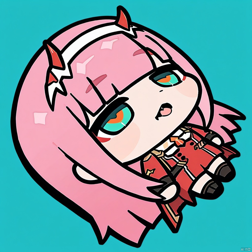lying-on-back, chibi,(masterpiece),(best quality),1girl, aqua_background, aqua_eyes, blue_background, buttons, double-breasted, fangs, green_eyes, hairband, horns, long_hair, looking_at_viewer, military, military_uniform, necktie, pink_hair, sky, solo, tongue, tongue_out, uniform, white_hairband, zero_two_\(darling_in_the_franxx\)