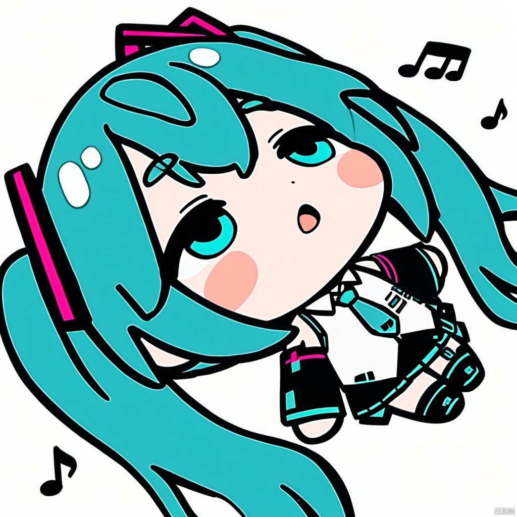 lying-on-back, chibi,(masterpiece),(best quality),1girl, hatsune miku, twintails, necktie, solo, skirt, shirt, aqua hair, black skirt, aqua eyes, detached sleeves, long hair, sleeveless, white shirt, open mouth, white background, aqua necktie, black sleeves, sleeveless shirt, outstretched arms, very long hair, blush stickers, pleated skirt, hair ornament, miniskirt, bare shoulders, musical note