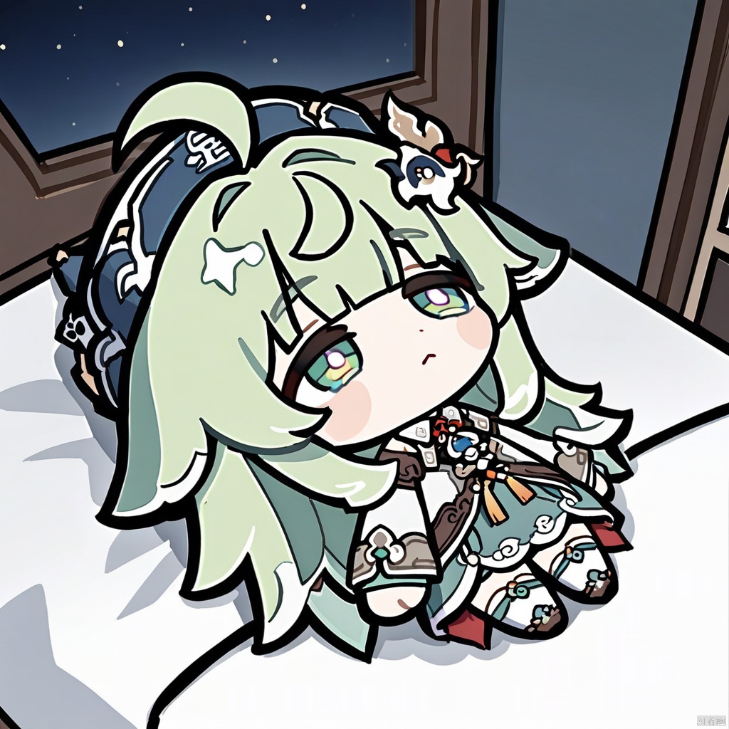  lying-on-back, chibi,(masterpiece),(best quality),(best quality), huohuo \(honkai_star_rail\), hat, 1girl, perfect face, bright pupils, (finely detailed beautiful eyes), green eyes, wide_hips, green hair, long hair, bangs, ahoge, hair ornament, (white sweater, long sleeves, sleeves past wrists), pleated skirt, white legwear, fox tail, night, indoors, full body, shoulder level shot, wide shot, (kneeling, on bed), v arms, (delicate fingers, five fingers on hand),