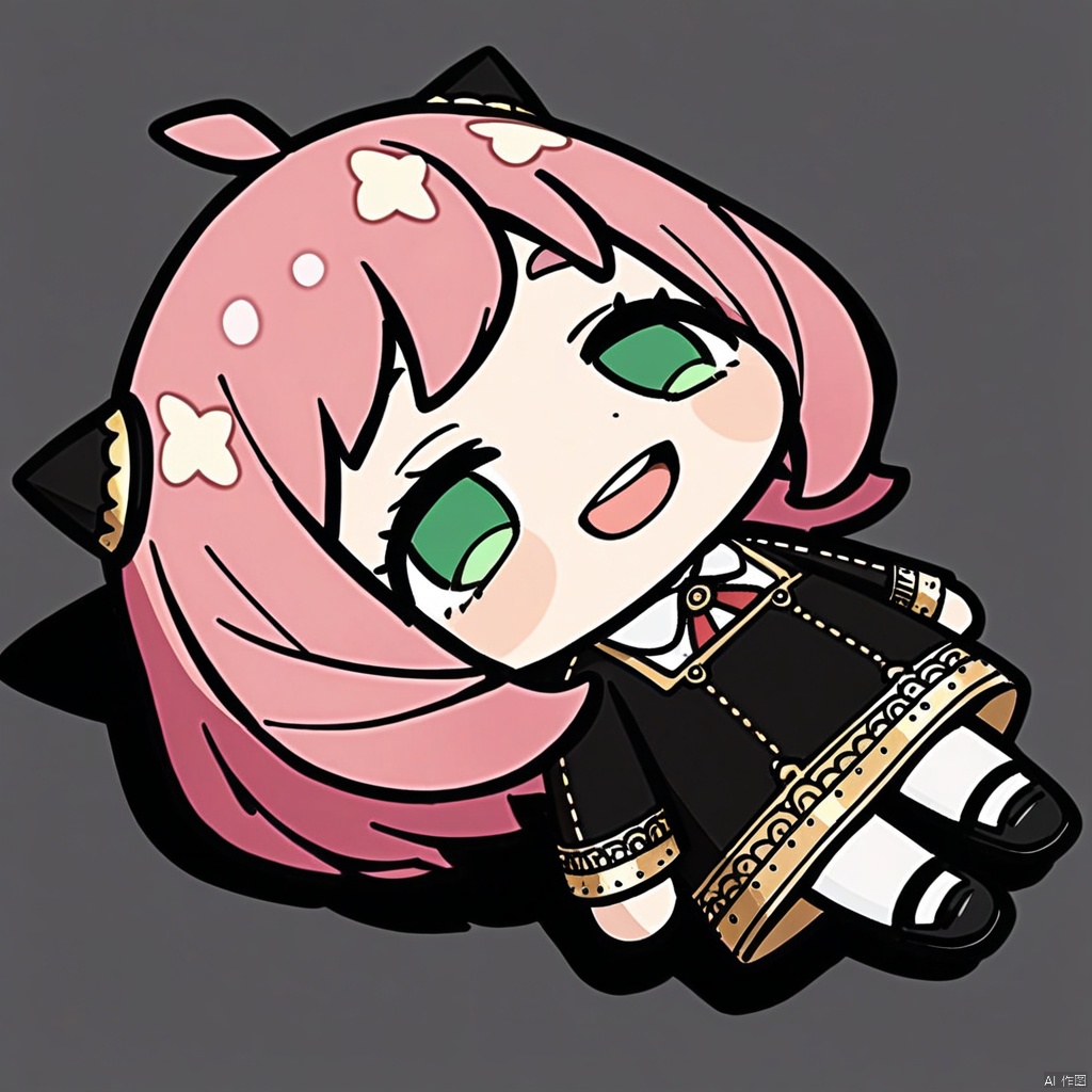 lying-on-back, chibi,(masterpiece),(best quality),Anya Forger, 1girl, anya \(spy x family\), solo, female child, pink hair, green eyes, school uniform, eden academy school uniform, smile, dress, sitting, looking at viewer, open mouth, black footwear, black dress, child, shirt, :d, long sleeves, full body, shoes, medium hair, bangs, ahoge, white pantyhose, collared shirt