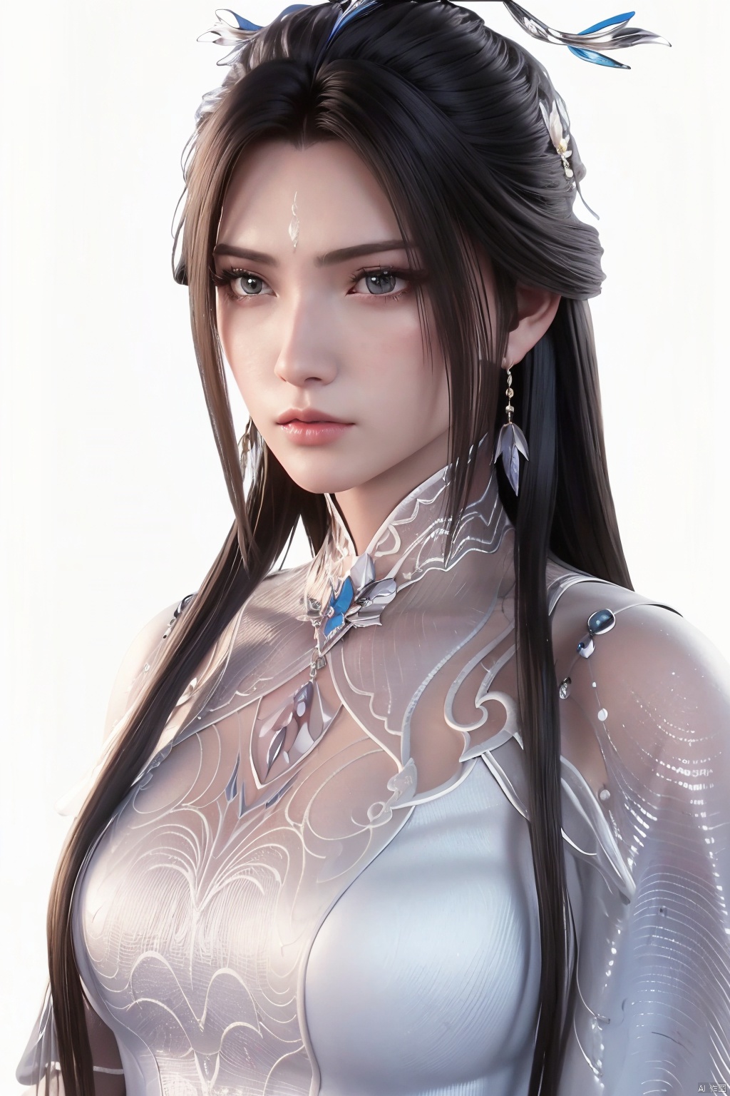 1girl,black hair,breasts,chinese clothes,cleavage,closed mouth,dress,earrings,feather hair ornament,feathers,hair ornament,jewelry,lips,long hair,looking at viewer,simple background,solo,upper body,white background