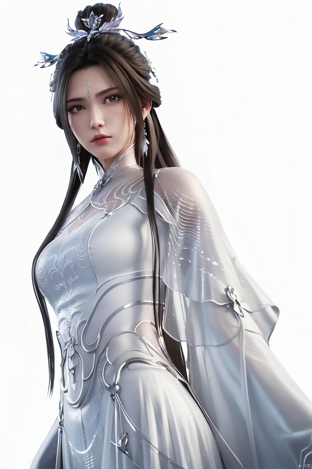 1girl,black hair,breasts,chinese clothes,dress,hair ornament,jewelry,lips,long hair,long sleeves,looking at viewer,medium breasts,simple background,solo,white background,white dress
