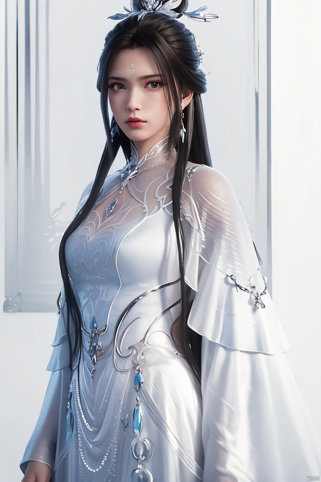  1girl, solo, long hair, black eyes, hair ornament, dress, jewelry, black hair, upper body, earrings, sky, white dress, looking_at_viewer, hand on own chest