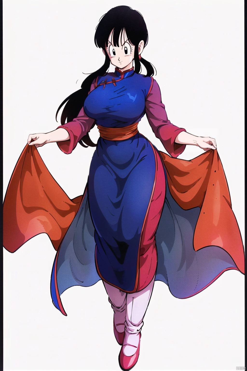 (White background :1.3),
1 girl, solo, chest, 30 years old, pretty, beautiful, smiling, camera focused on face, delicate face, looking at the audience, skin shine, (medium shot, tall build, height 1.8m, long legs: 1.3)
(Big breasts, bangs, black hair, standing, full body, black eyes, Cheongsam, black cheongsam, Chinese cheongsam, chi-chi \(dragon ball\) : 1.3)
High resolution, Master Painting, CG, Wallpaper, Super Detail, Intricate Detail, Masterpiece, 8k, Contrast, Smooth, bright picture, Soft picture, Rembrandt Lighting, Amazing, Manga style, Manga, Anime, Game CG,qiqi