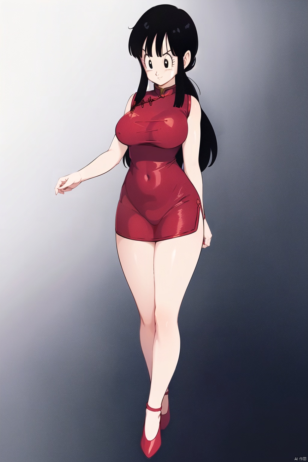(White background :1.3),
1 girl, solo, chest, 30 years old, pretty, beautiful, smiling, camera focused on face, delicate face, looking at the audience, skin shine, (medium shot, tall build, height 1.8m, long legs: 1.3)
(Big breasts, bangs, black hair, standing, full body, black eyes, Cheongsam, black cheongsam, Chinese cheongsam, chi-chi \(dragon ball\) : 1.3)
High resolution, Master Painting, CG, Wallpaper, Super Detail, Intricate Detail, Masterpiece, 8k, Contrast, Smooth, bright picture, Soft picture, Rembrandt Lighting, Amazing, Manga style, Manga, Anime, Game CG,qiqi